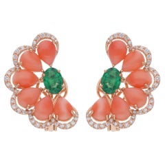 Pear Coral Gemstone Stud Earrings 0.56 carat Diamond 14 Kt Yellow Gold Jewelry