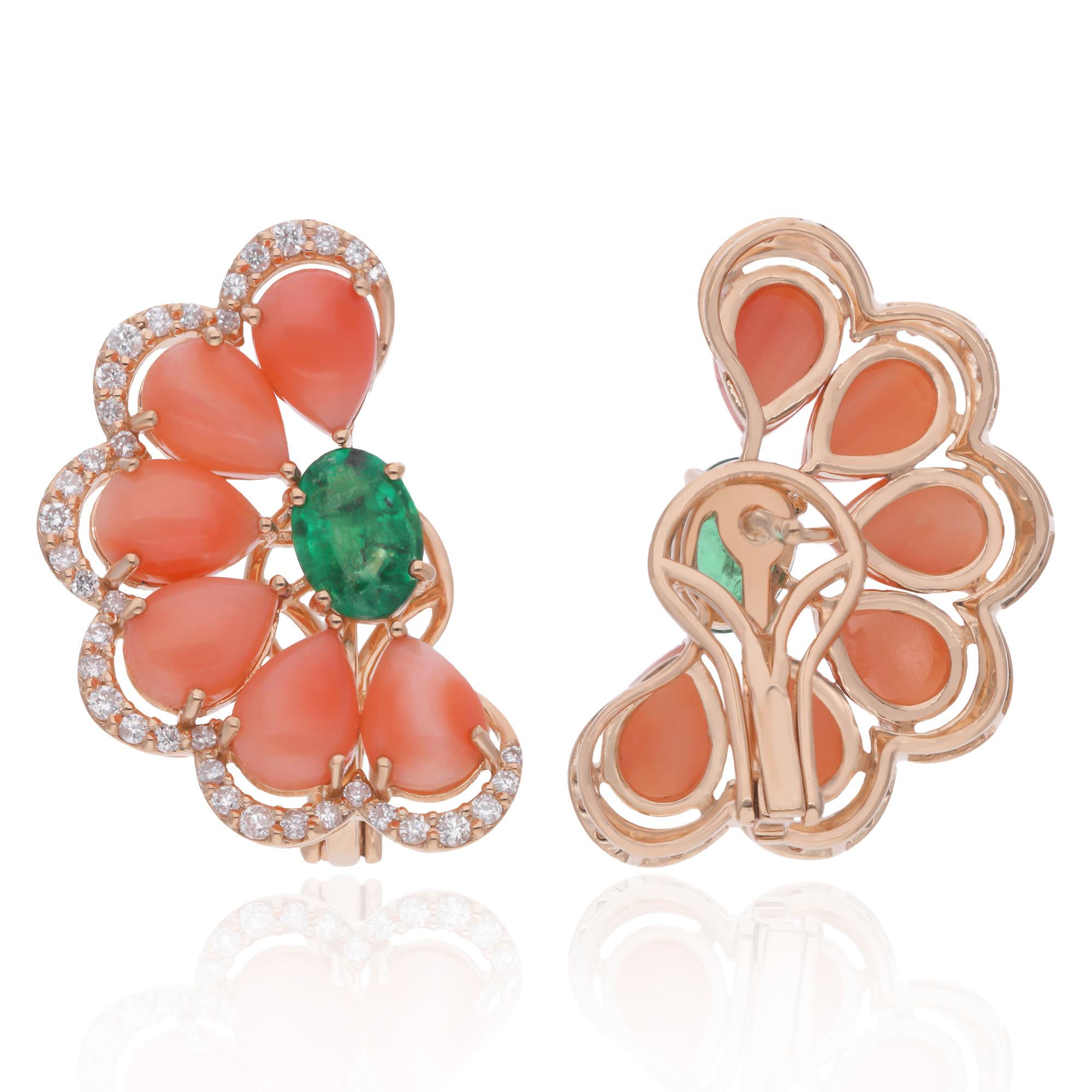 Infuse your look with vibrant elegance wearing these pear coral gemstone stud earrings adorned with emerald and diamond accents, meticulously crafted in 14 karat yellow gold. A harmonious blend of color and sparkle, these earrings exude