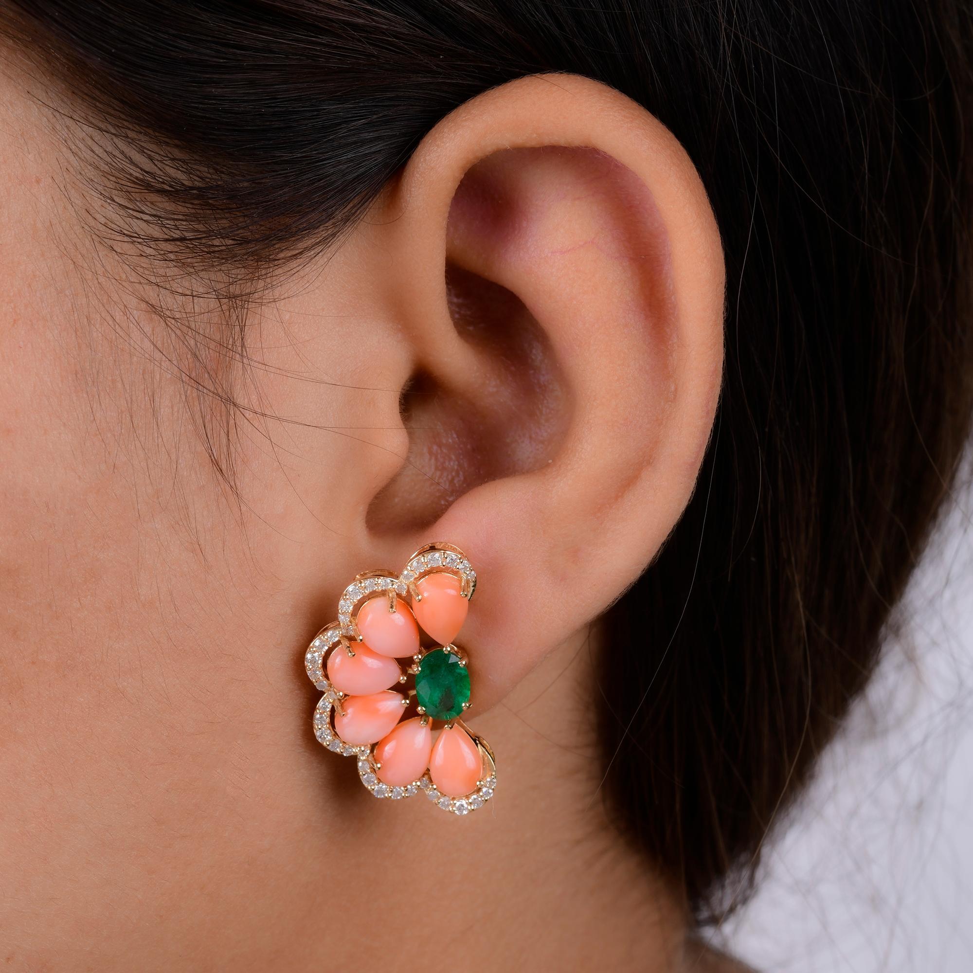Modern Pear Coral Gemstone Stud Earrings Emerald Diamond 14 Karat Yellow Gold Jewelry For Sale