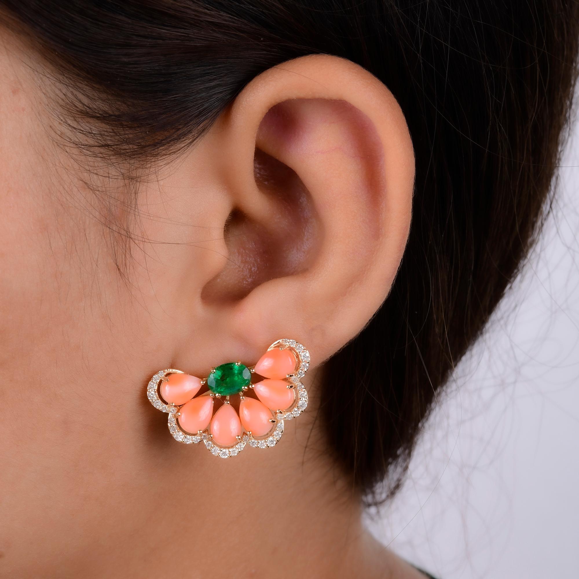 Pear Cut Pear Coral Gemstone Stud Earrings Emerald Diamond 14 Karat Yellow Gold Jewelry For Sale