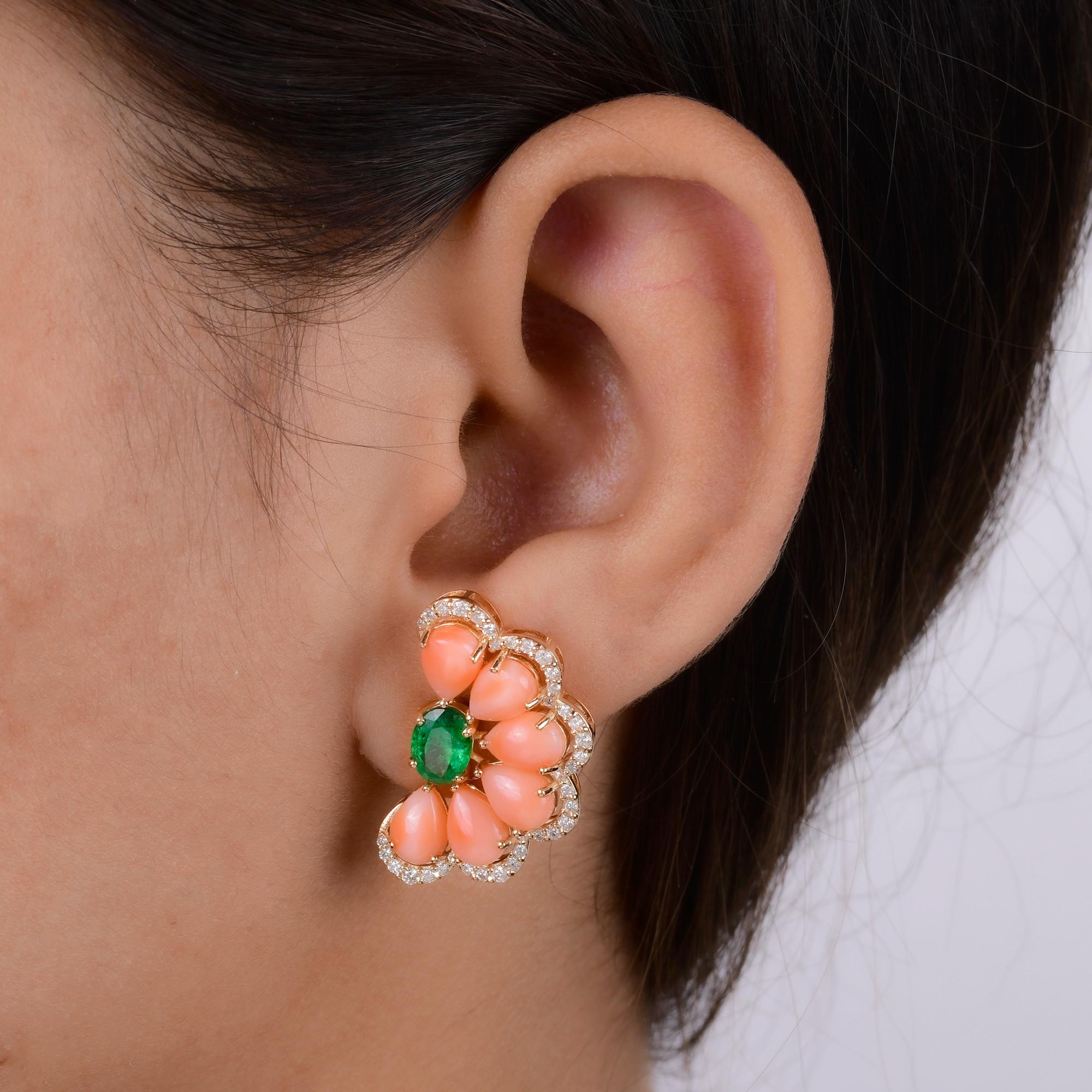 Women's Pear Coral Gemstone Stud Earrings Emerald Diamond 14 Karat Yellow Gold Jewelry For Sale