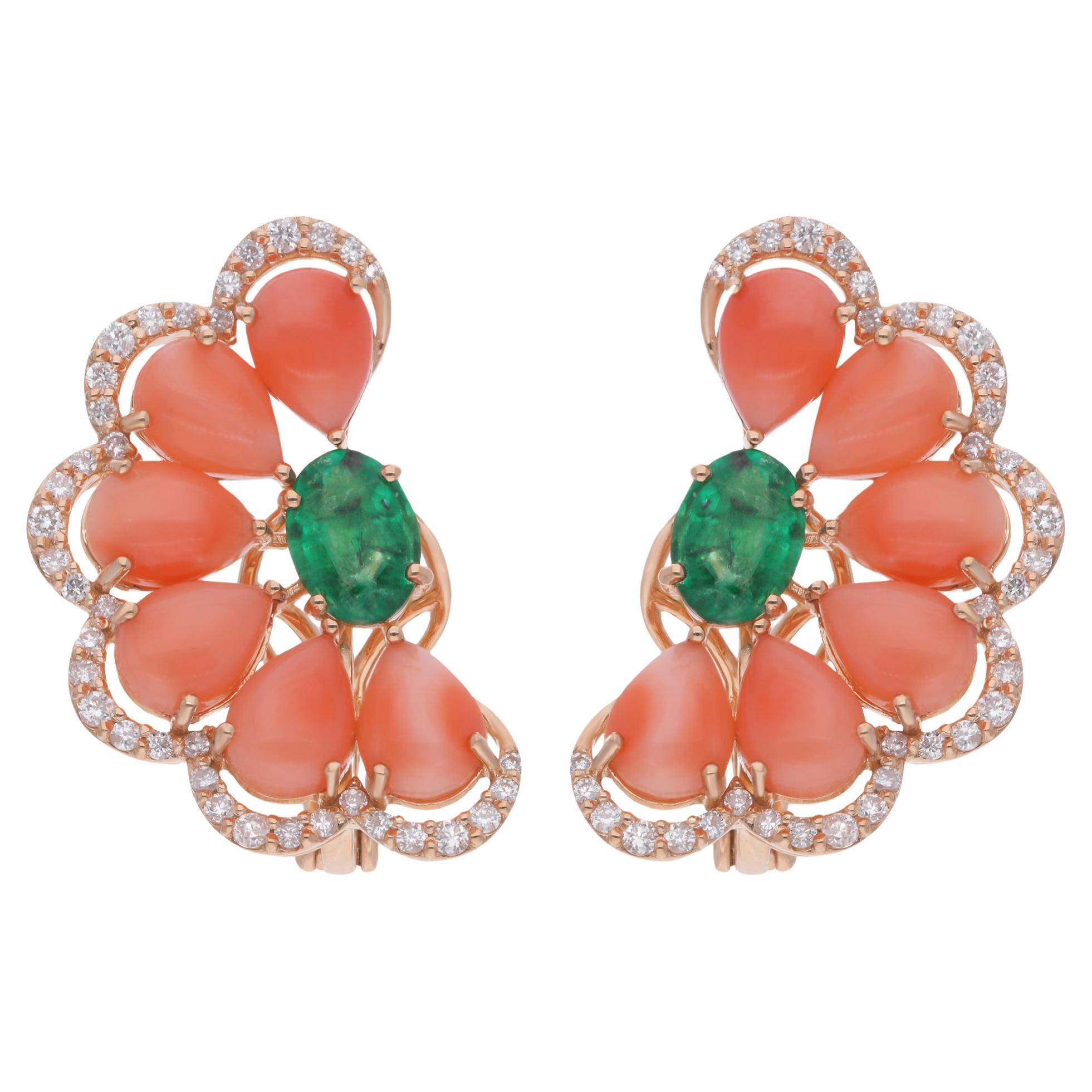 Pear Coral Gemstone Stud Earrings Emerald Diamond 14 Karat Yellow Gold Jewelry For Sale