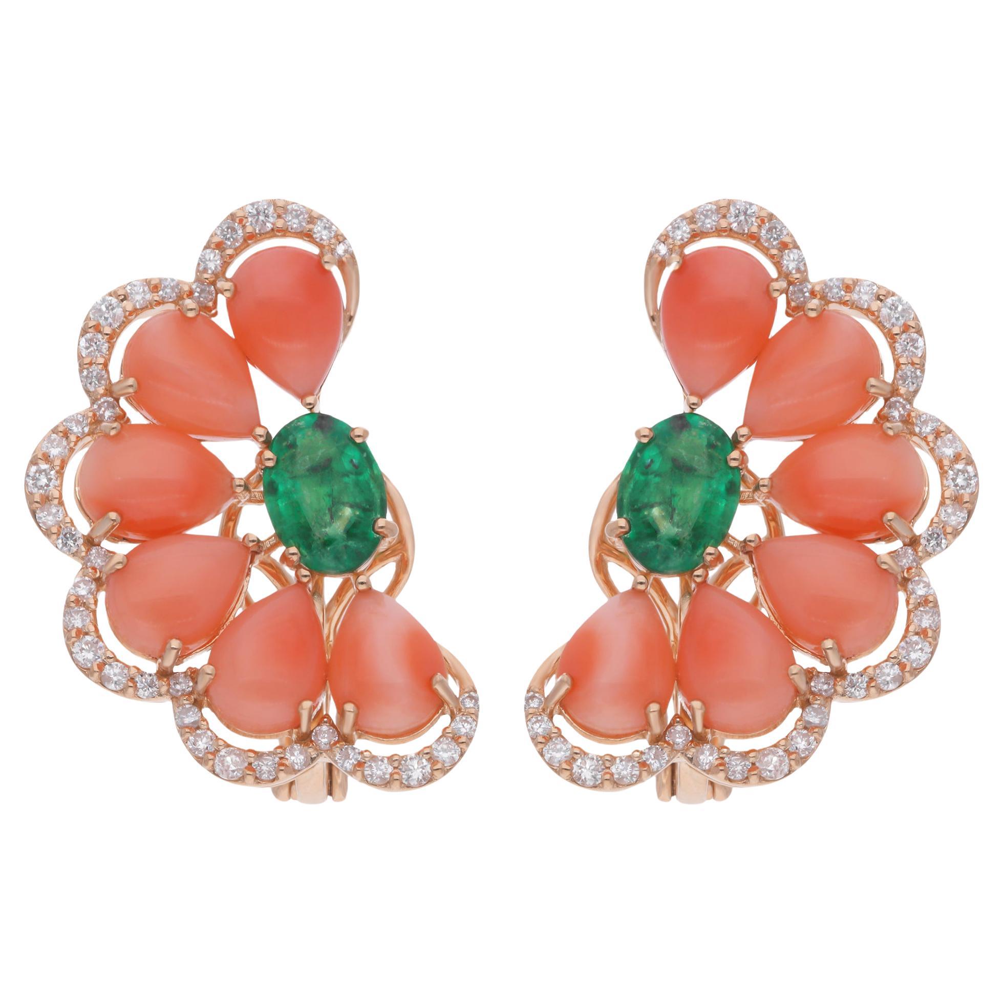 Pendientes de Coral Pera Diamante Esmeralda Joyas de Oro Amarillo de 14 Kilates