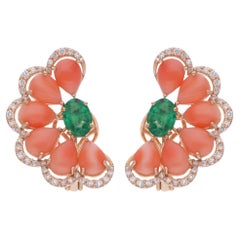 Pear Coral Gemstone Stud Earrings Emerald Diamond 14 Karat Yellow Gold Jewelry