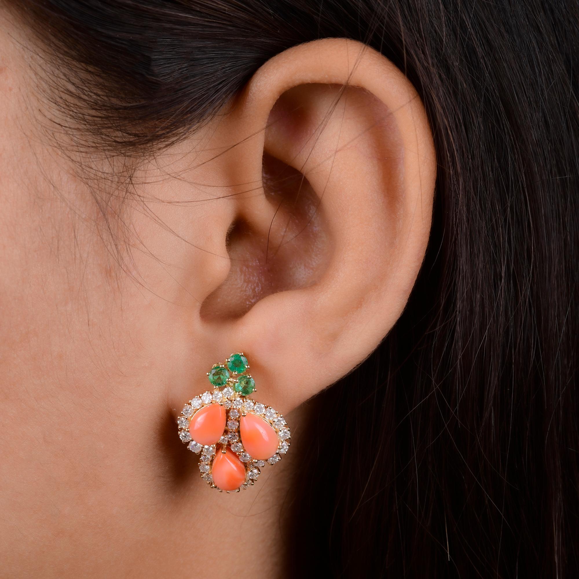 Modern Pear Coral Gemstone Stud Earrings Emerald Diamond 18 Karat Yellow Gold Jewelry For Sale
