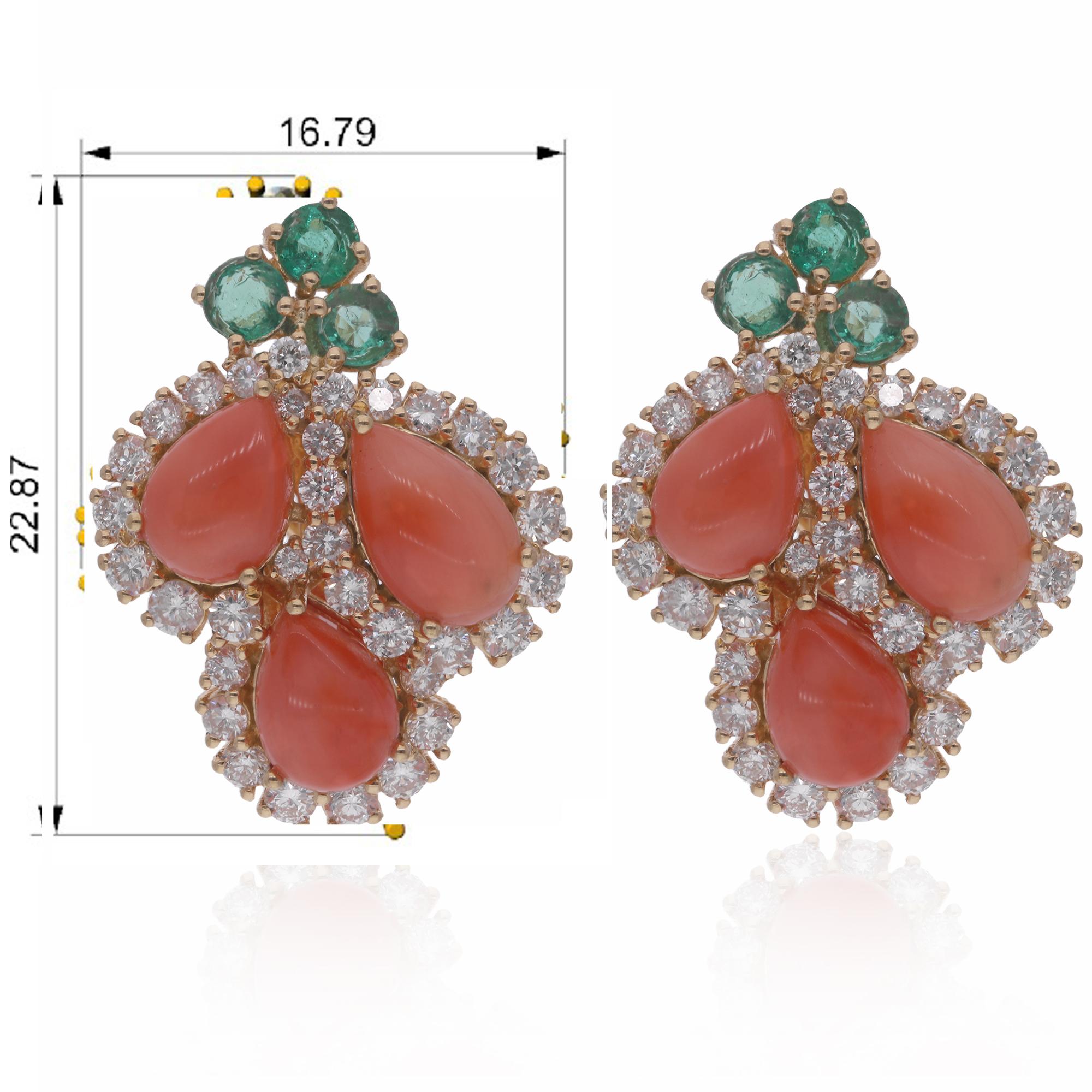 Pear Coral Gemstone Stud Earrings Emerald Diamond 18 Karat Yellow Gold Jewelry For Sale 1