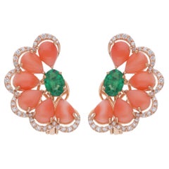 Pear Coral Gemstone Stud Earrings Emerald Diamond 18 Karat Yellow Gold Jewelry