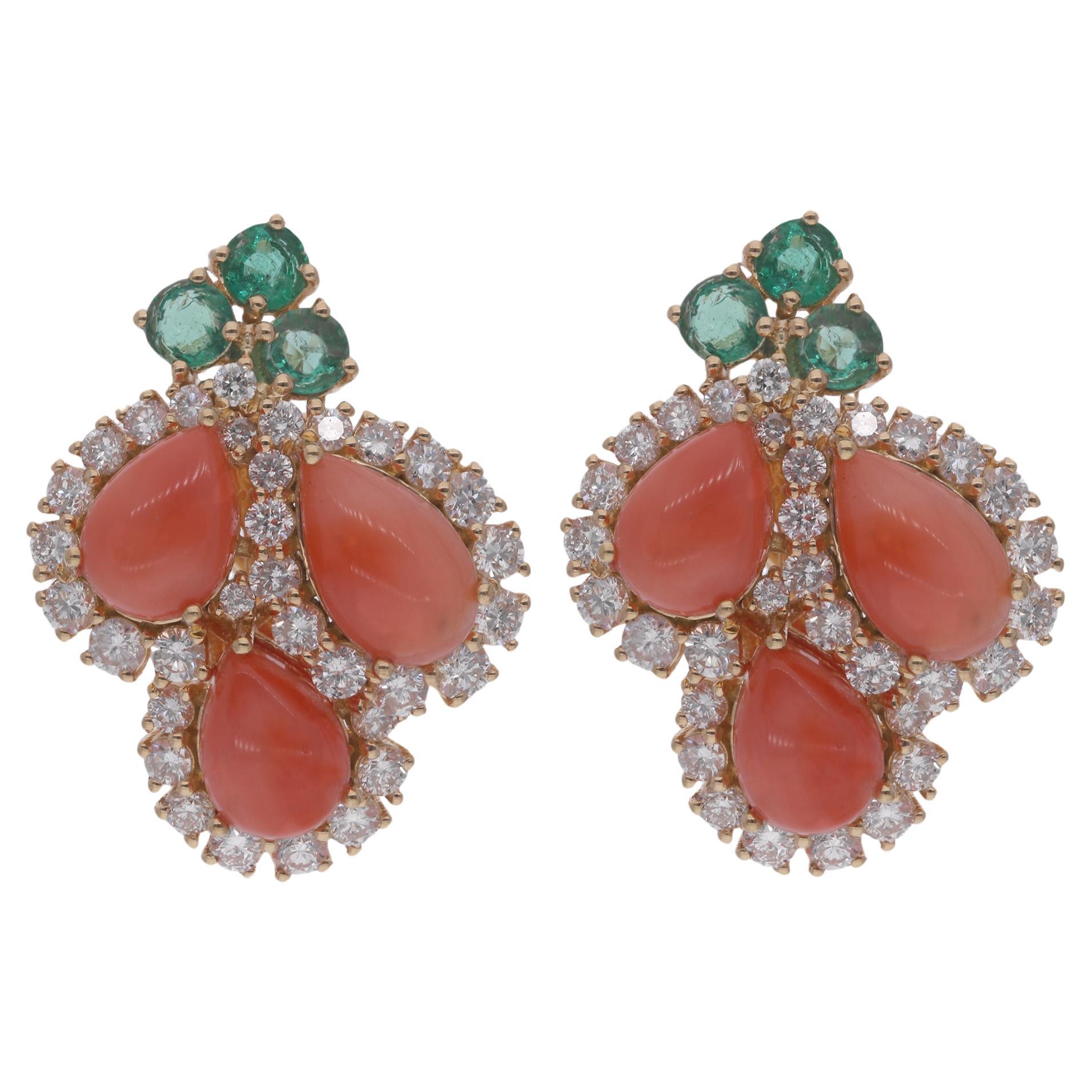 Pear Coral Gemstone Stud Earrings Emerald Diamond 18 Karat Yellow Gold Jewelry For Sale