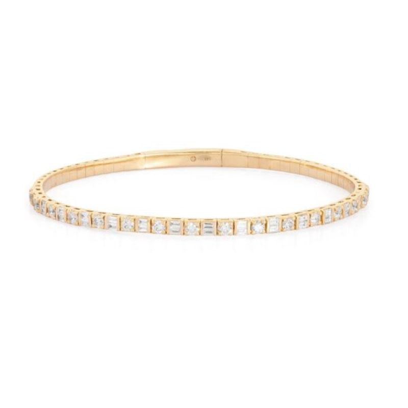 Pulsera Redonda Alternada de Diamantes Baguette en Oro Amarillo de 14 K Moderno en venta