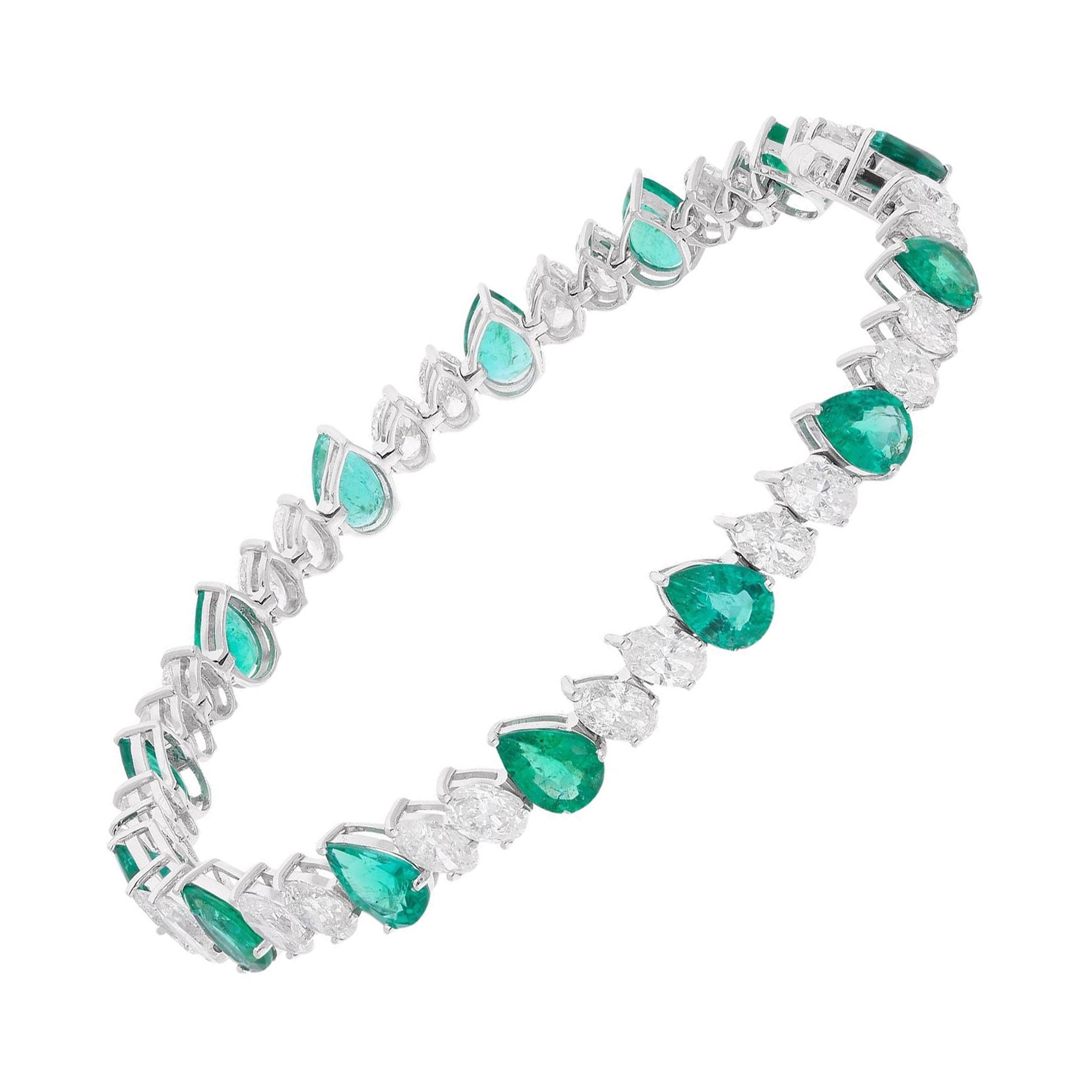 Bracelet de tennis en or blanc 14k, taille poire 16.31 TCW Zambian Emerald Diamonds