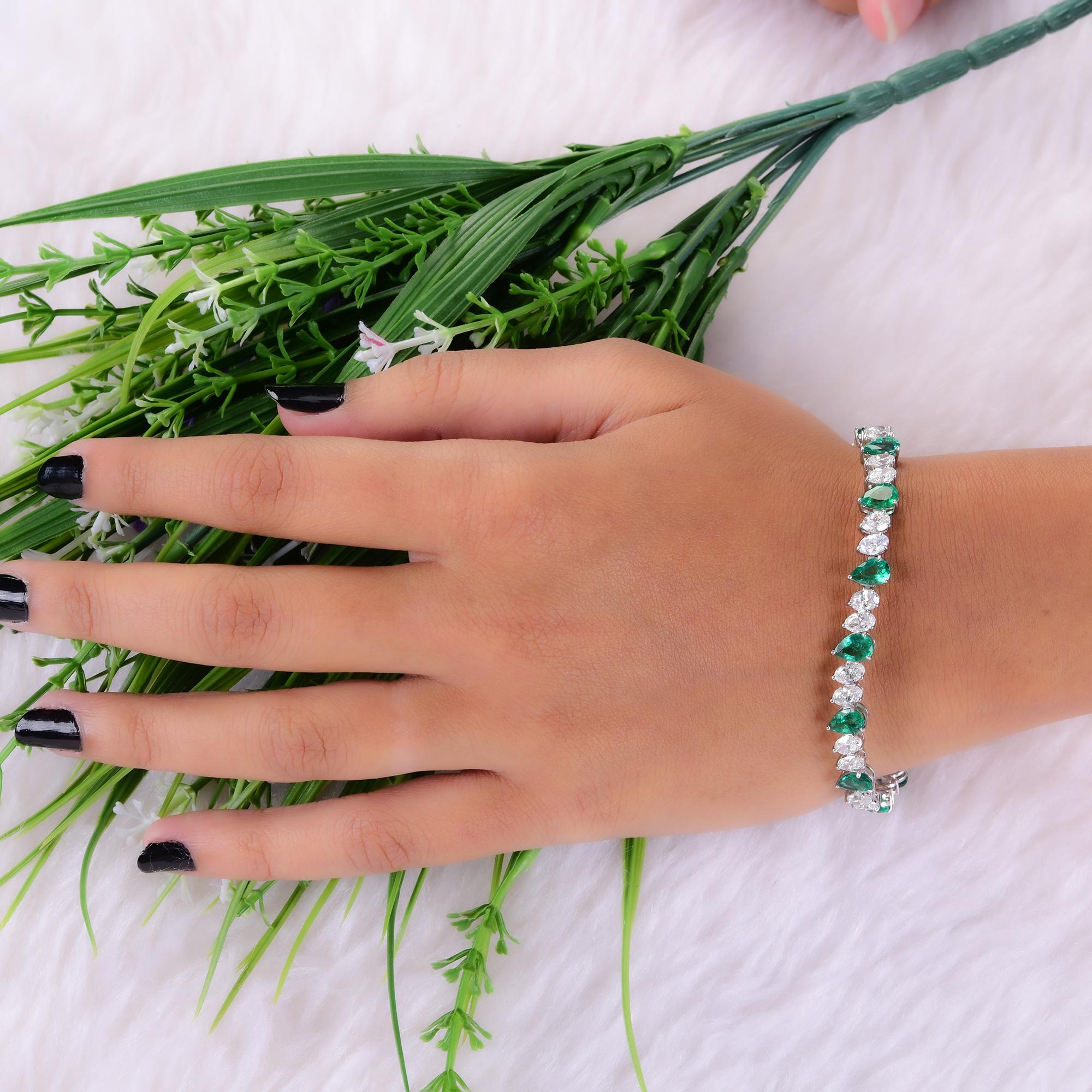 Pear Cut 16.31 TCW Zambian Emerald Diamonds Tennis Bracelet 18k White Gold
This stunning piece elevates the classic tennis bracelet design by featuring a captivating, continuous line of alternating natural vivid green emeralds and sparkling oval cut