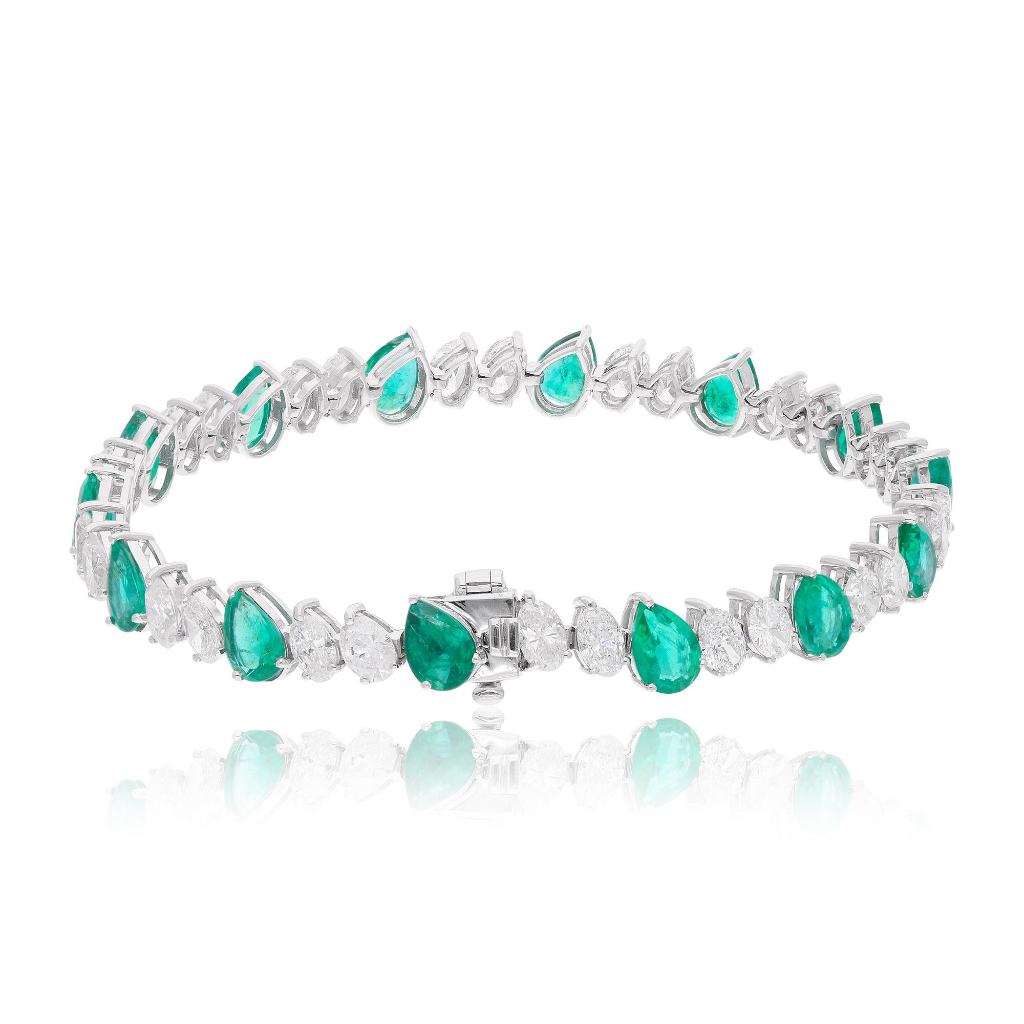 Modern Pear Cut 16.31 TCW Zambian Emerald Diamonds Tennis Bracelet 18k White Gold For Sale