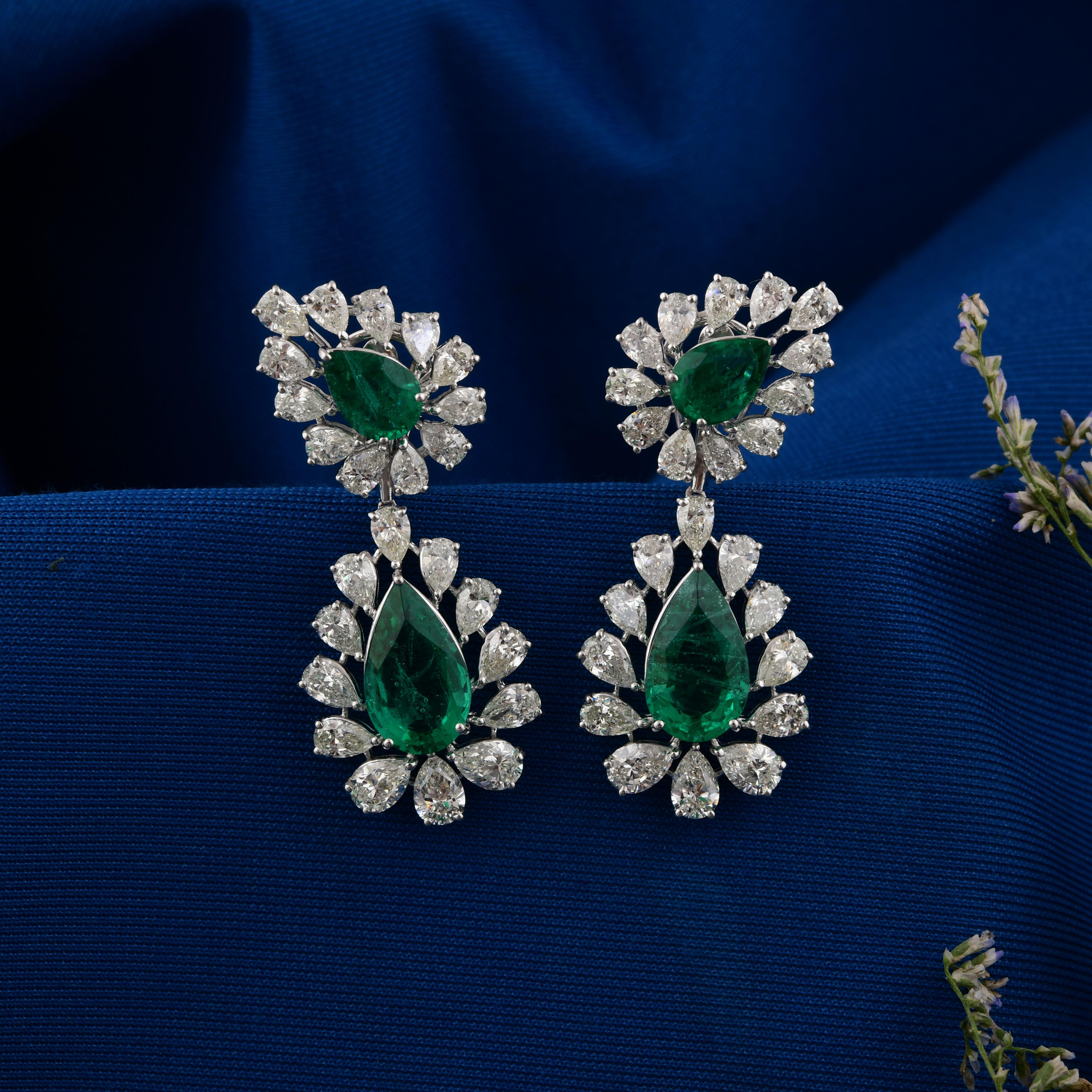 Art Deco Pear Cut 16Tcw Zambian Emerald Halo Diamond Dangle Drop Earrings 14K White Gold For Sale
