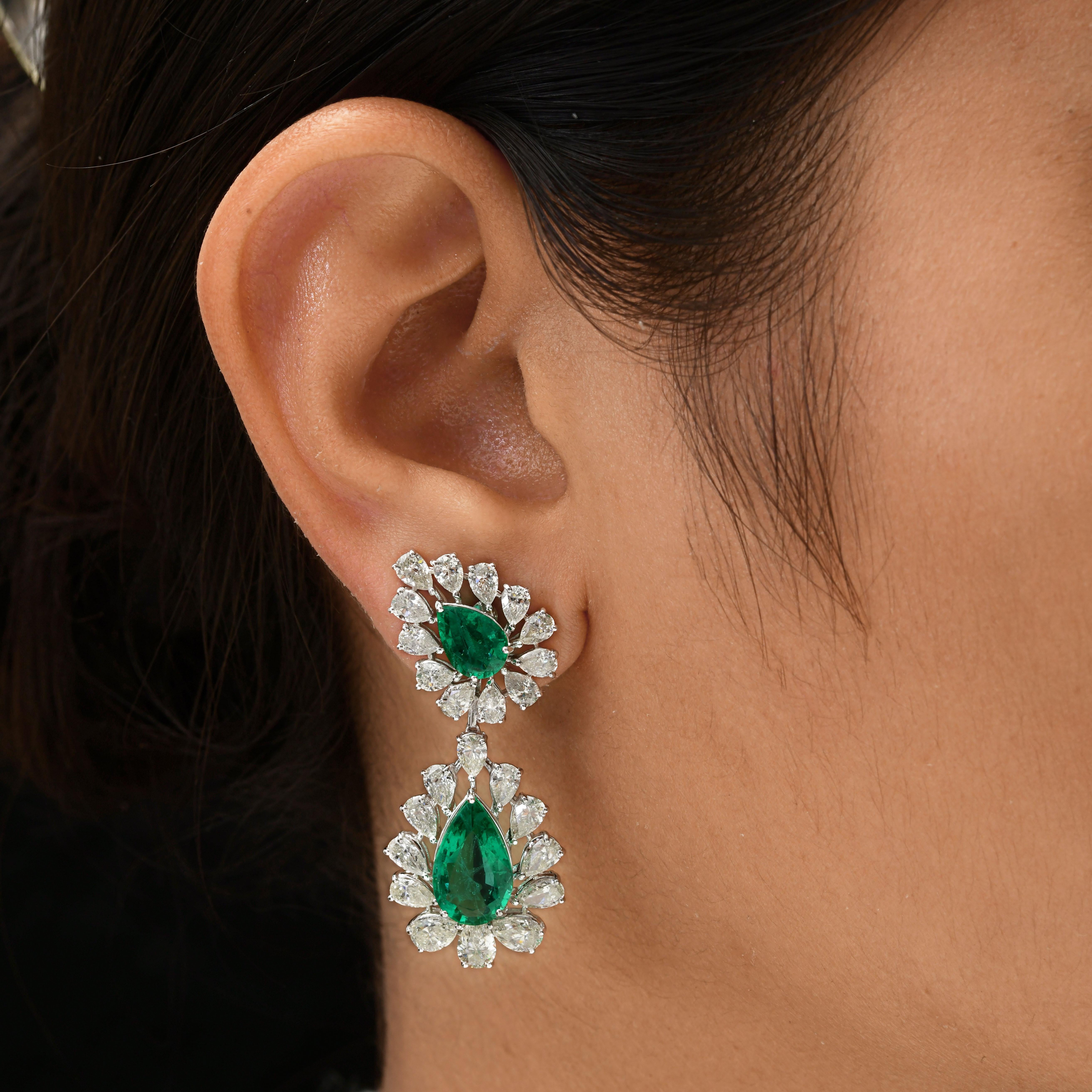 Women's Pear Cut 16Tcw Zambian Emerald Halo Diamond Dangle Drop Earrings 18K White Gold For Sale