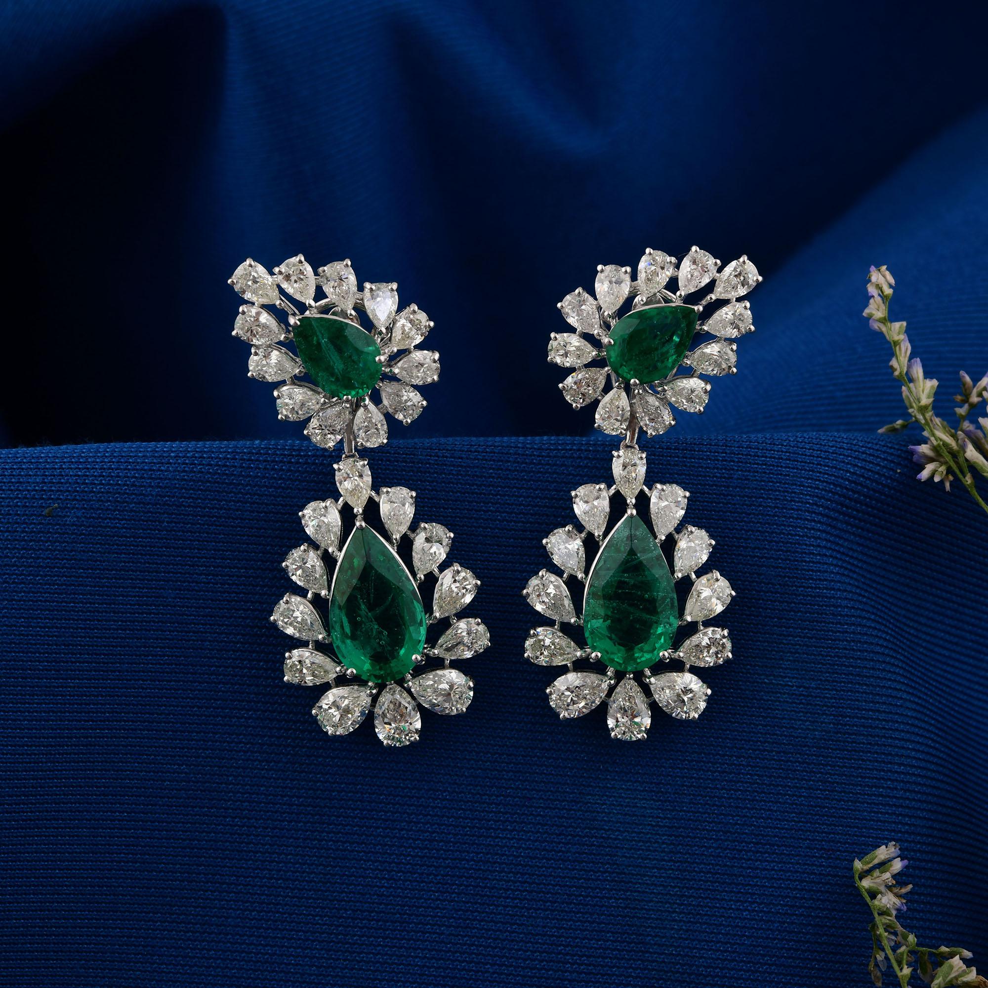 Pear Cut 16Tcw Zambian Emerald Halo Diamond Dangle Drop Earrings 18K White Gold For Sale 1