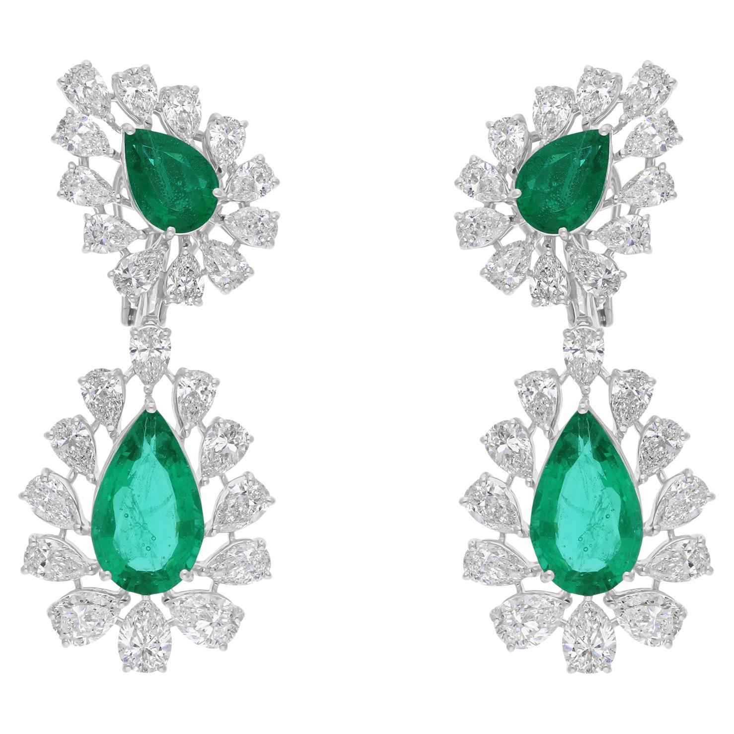Pear Cut 16Tcw Zambian Emerald Halo Diamond Dangle Drop Earrings 18K White Gold