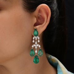 37.43 Ct Natural Diamond With Emerald Earring  18k White Gold Dangle Earrings