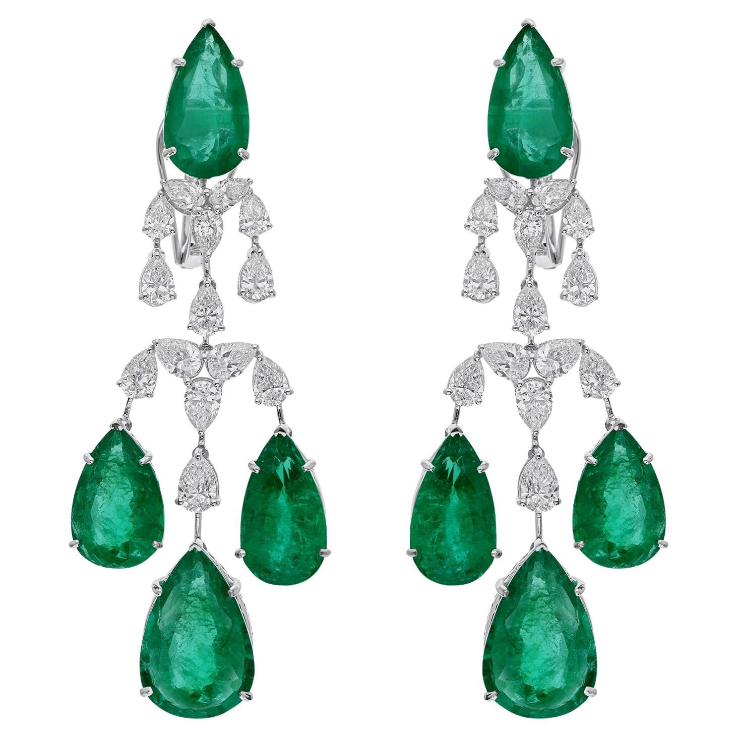 37.43 Ct Natural Diamond With Emerald Earring  18k White Gold Dangle Earrings