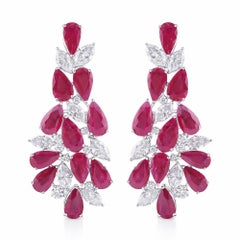 Natural Ruby and Diamond Chandelier Earrings 61.84 Carats 14K White Gold