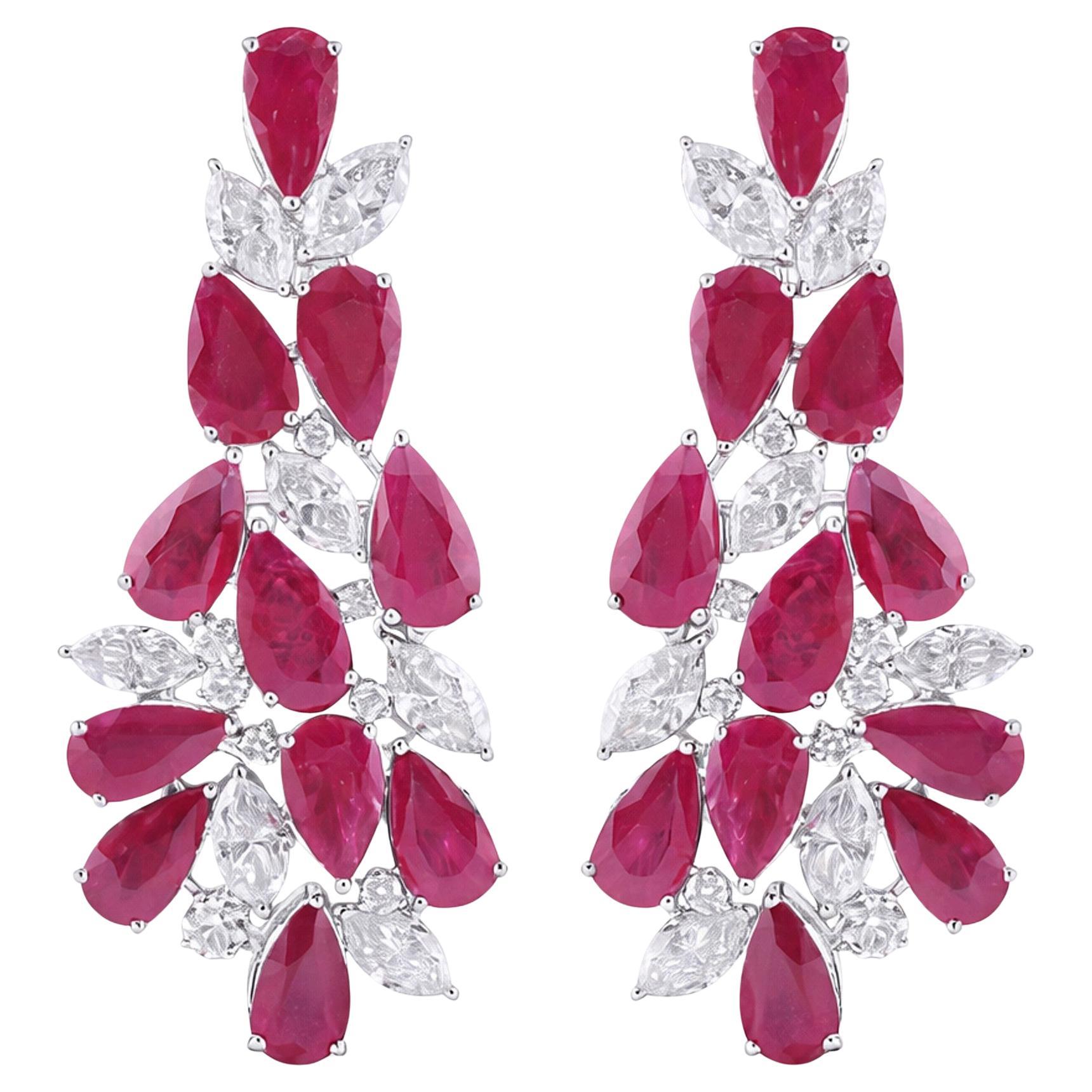 Natural Ruby and Diamond Chandelier Earrings 61.84 Carats 14K White Gold