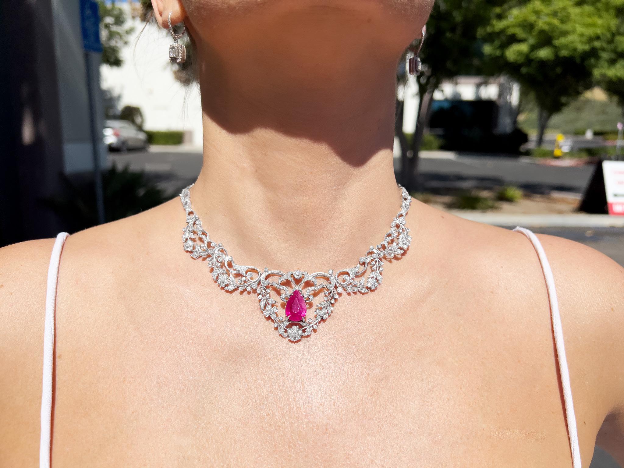 Pear Cut 7 Carat Ruby Necklace With Diamonds 6.50 Carats Total 18K Gold In Excellent Condition In Carlsbad, CA