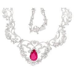 Pear Cut 7 Carat Ruby Necklace With Diamonds 6.50 Carats Total 18K Gold