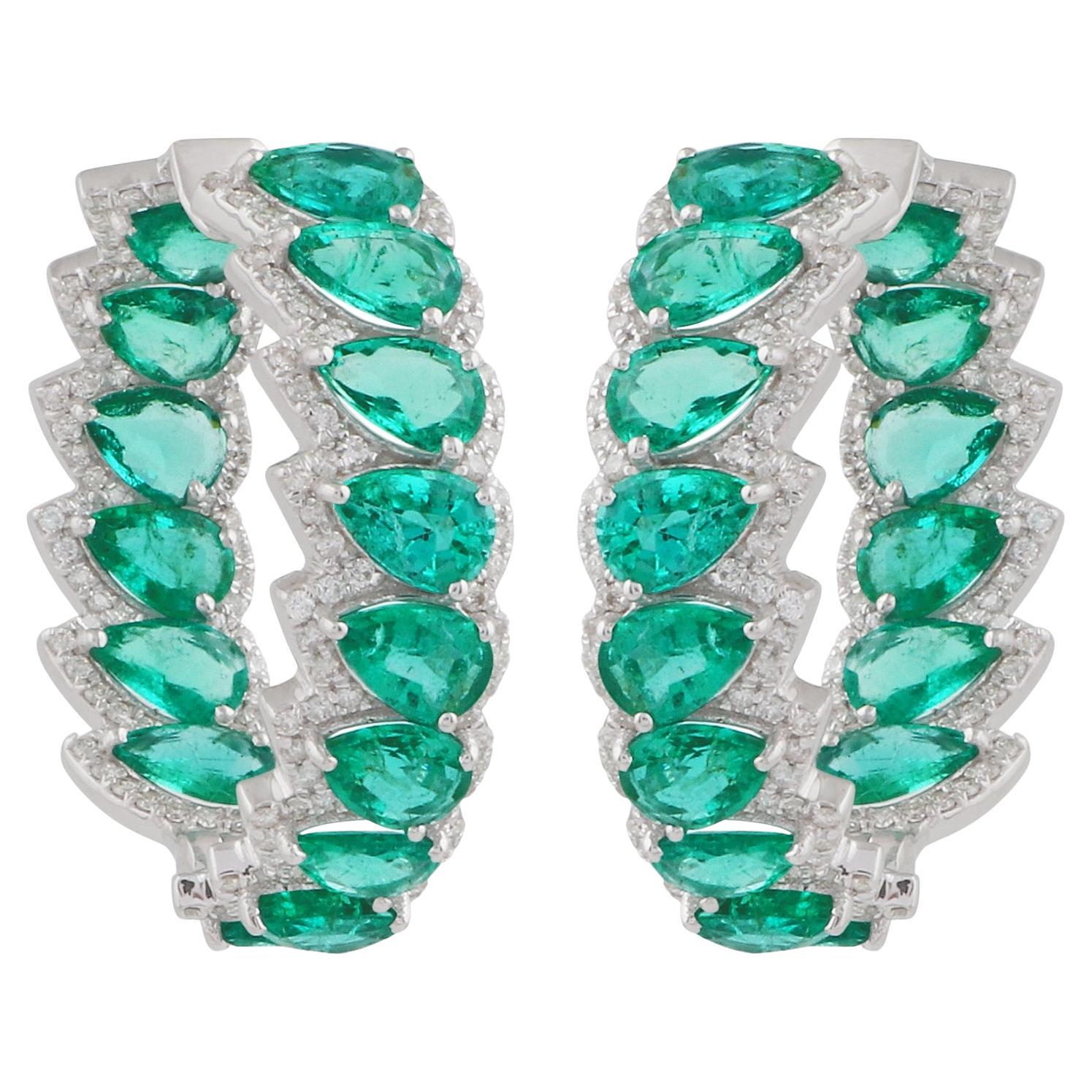 Birnenschliff 9,1Kt Sambia Smaragd Diamant Hoop Ohrringe 14k Weißgold Feine Juwelen