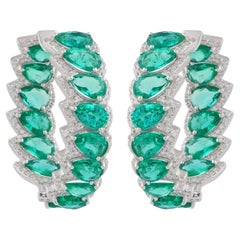 Birnenschliff 9,1Kt Sambia Smaragd Diamant Hoop Ohrringe 14k Weißgold Feine Juwelen