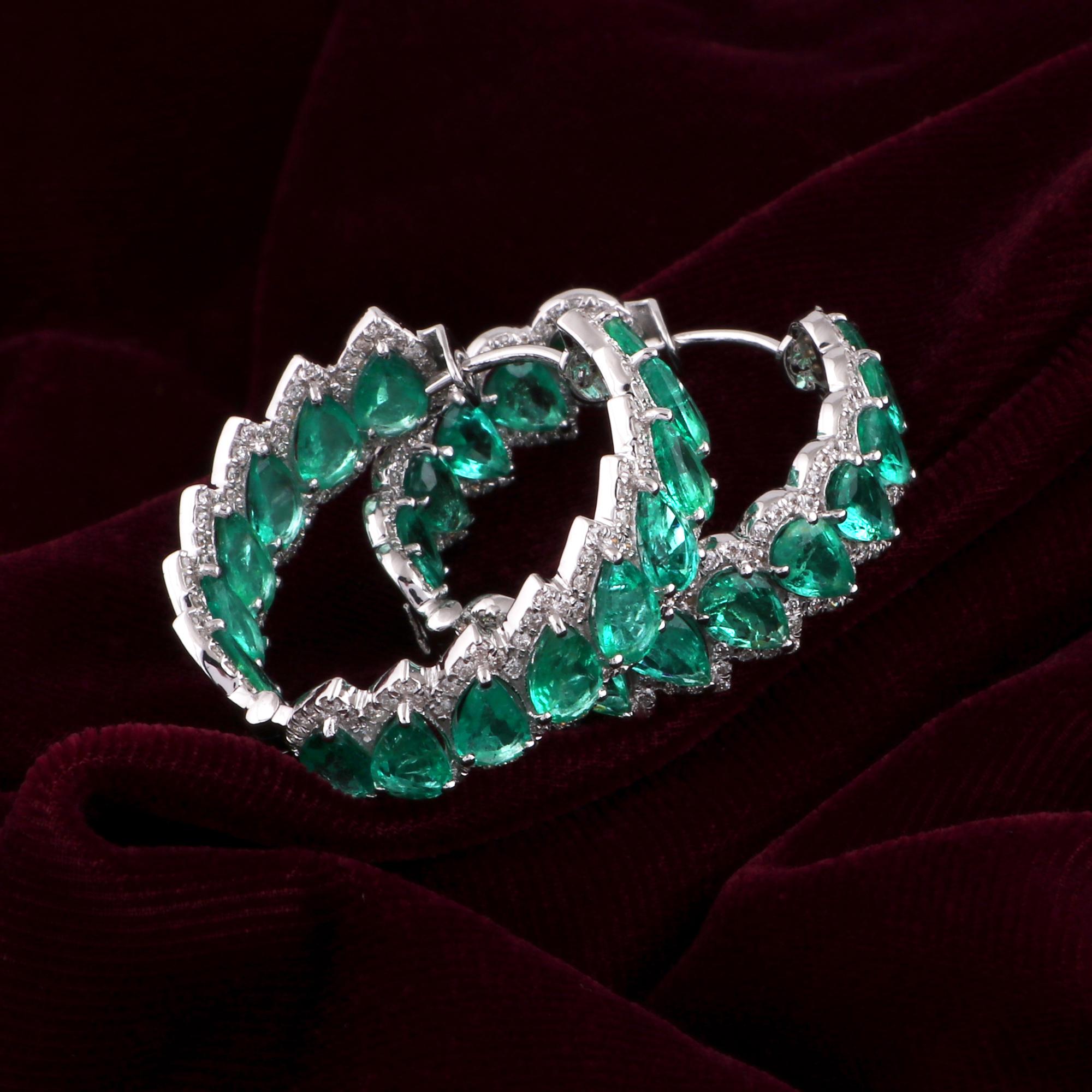 Birnenschliff 9,1Kt Sambia Smaragd Diamant Hoop Ohrringe 18k Weißgold Feine Juwelen (Tropfenschliff) im Angebot