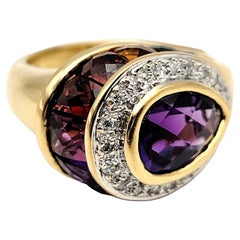 Pear Cut Amethyst and Diamond Halo Ring with Rainbow Gem Gallery 18 Karat Gold