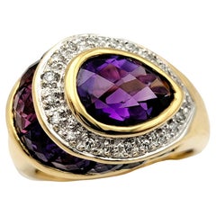Pear Cut Amethyst and Diamond Halo Ring with Rainbow Gem Gallery 18 Karat Gold