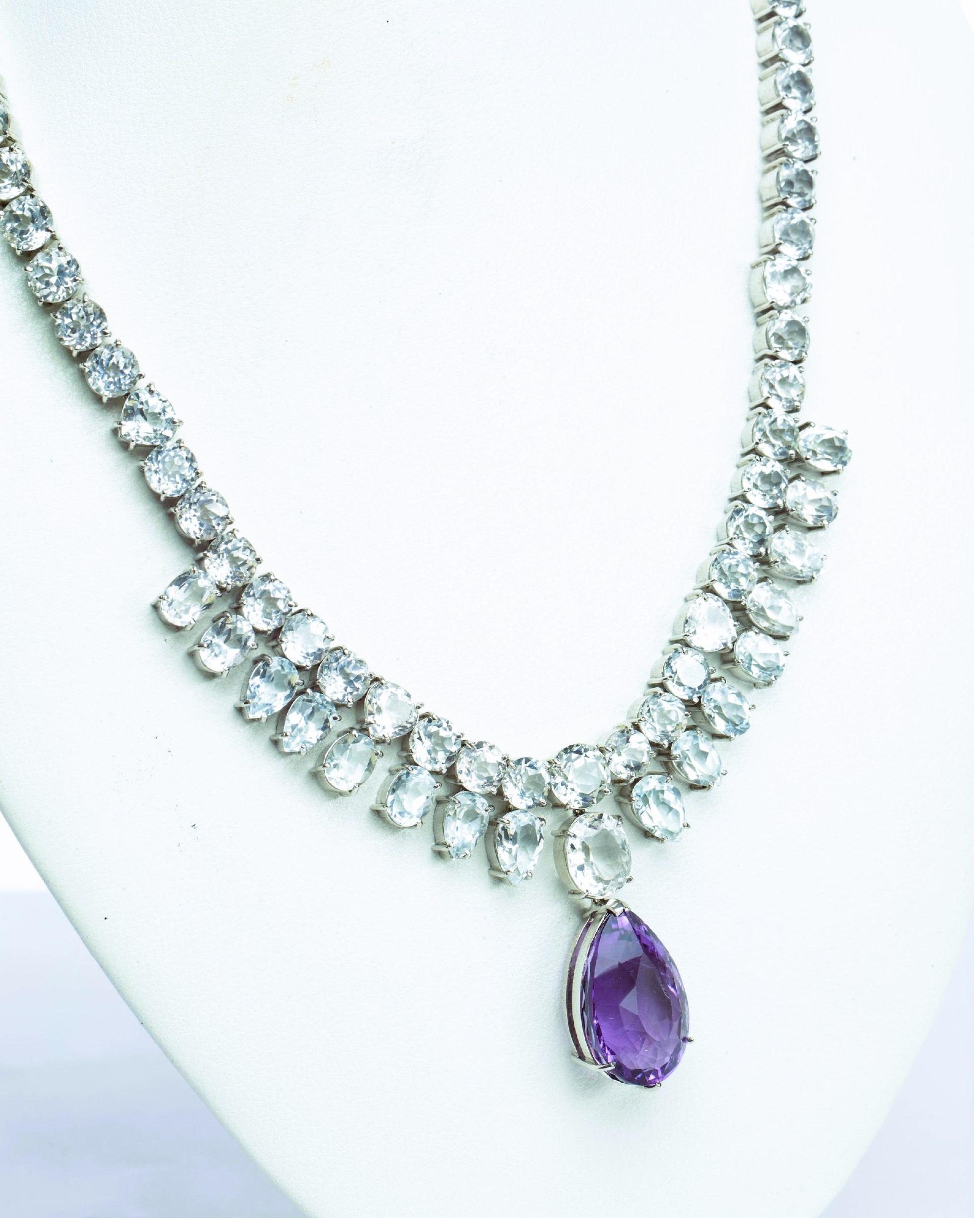 Artisan 10ct Pear Cut Amethyst and Topaz Necklace For Sale