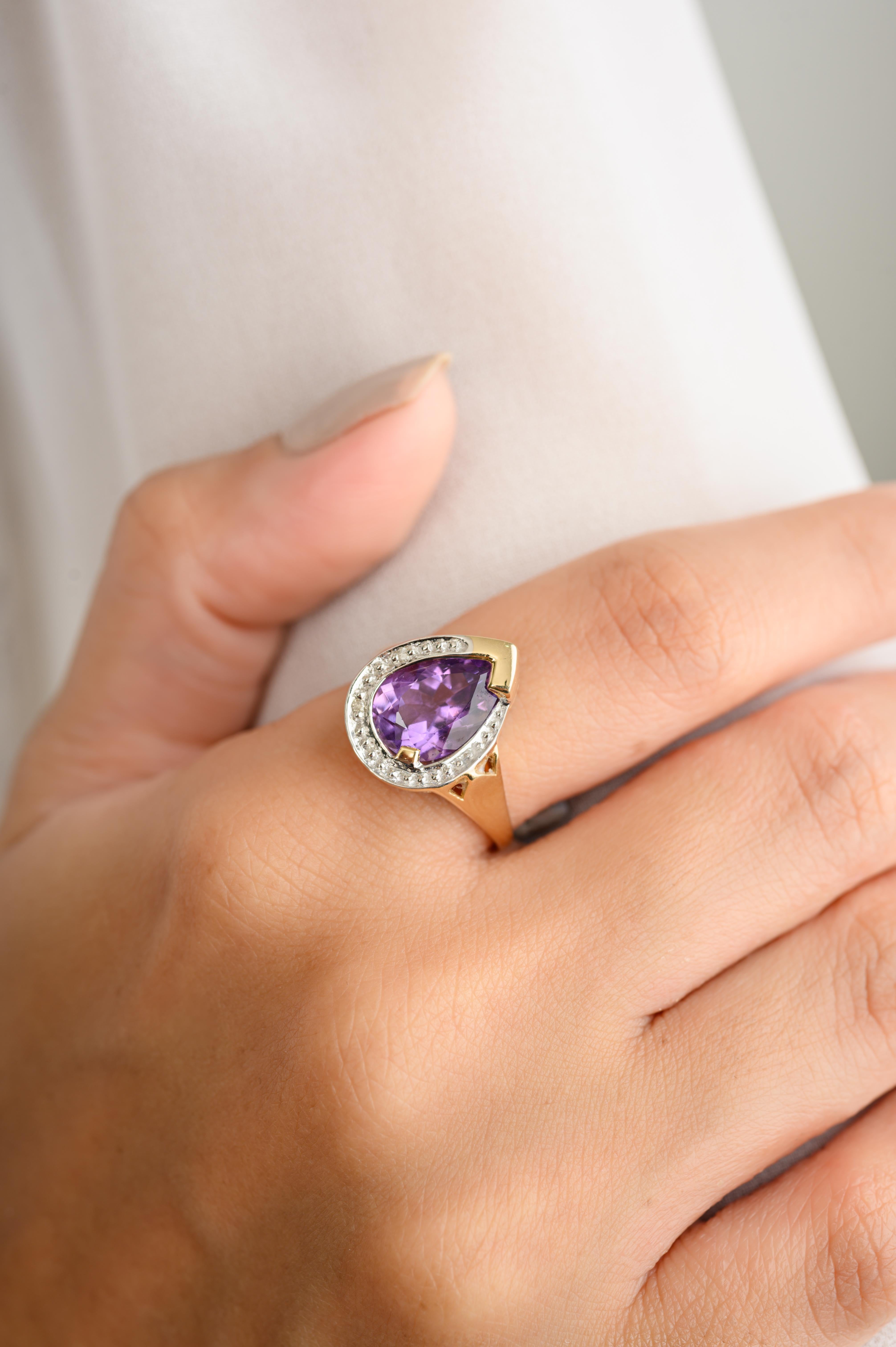 For Sale:  Pear Cut Amethyst Birthstone Cocktail Diamond Halo Ring in 14k Solid Yellow Gold 4