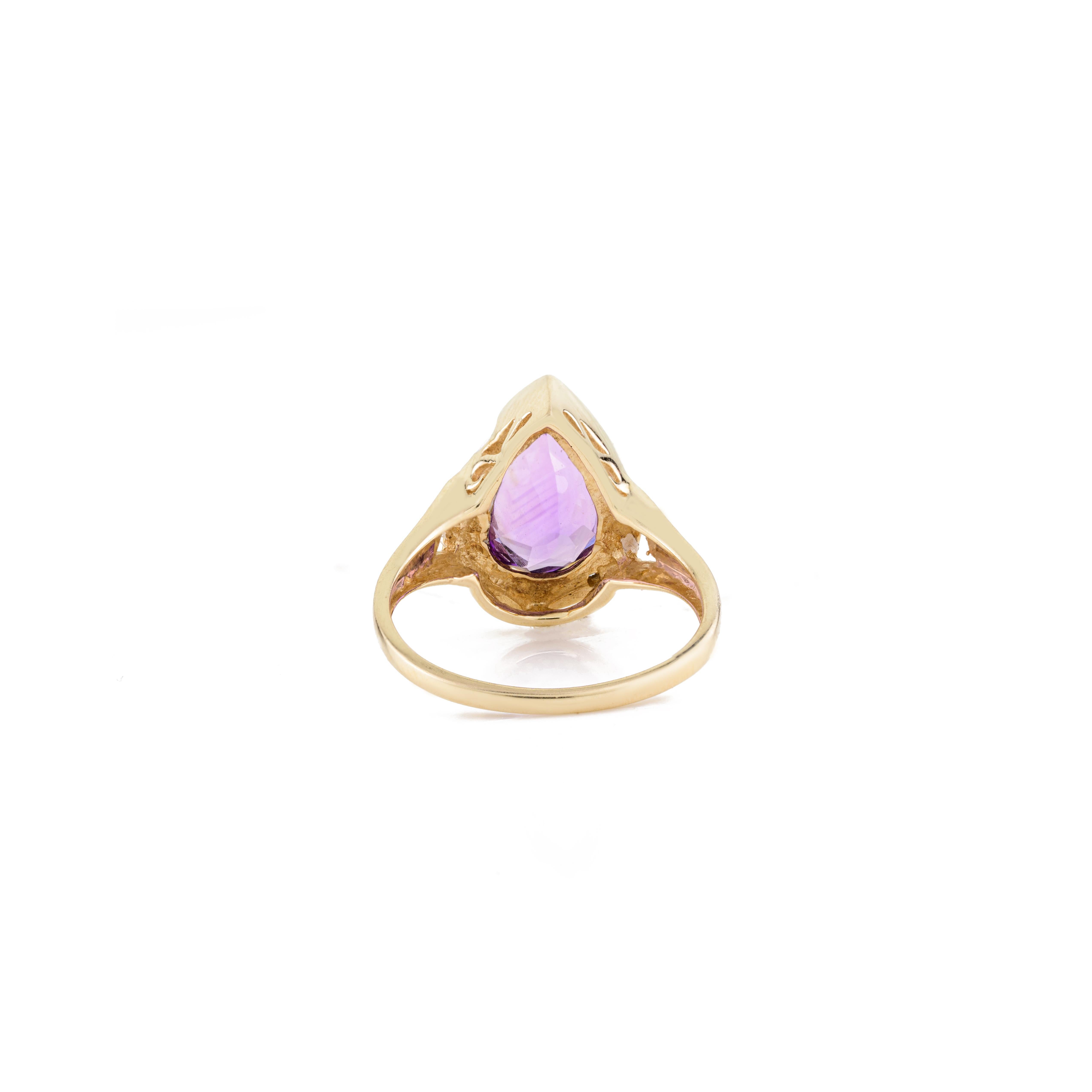 For Sale:  Pear Cut Amethyst Birthstone Cocktail Diamond Halo Ring in 14k Solid Yellow Gold 5