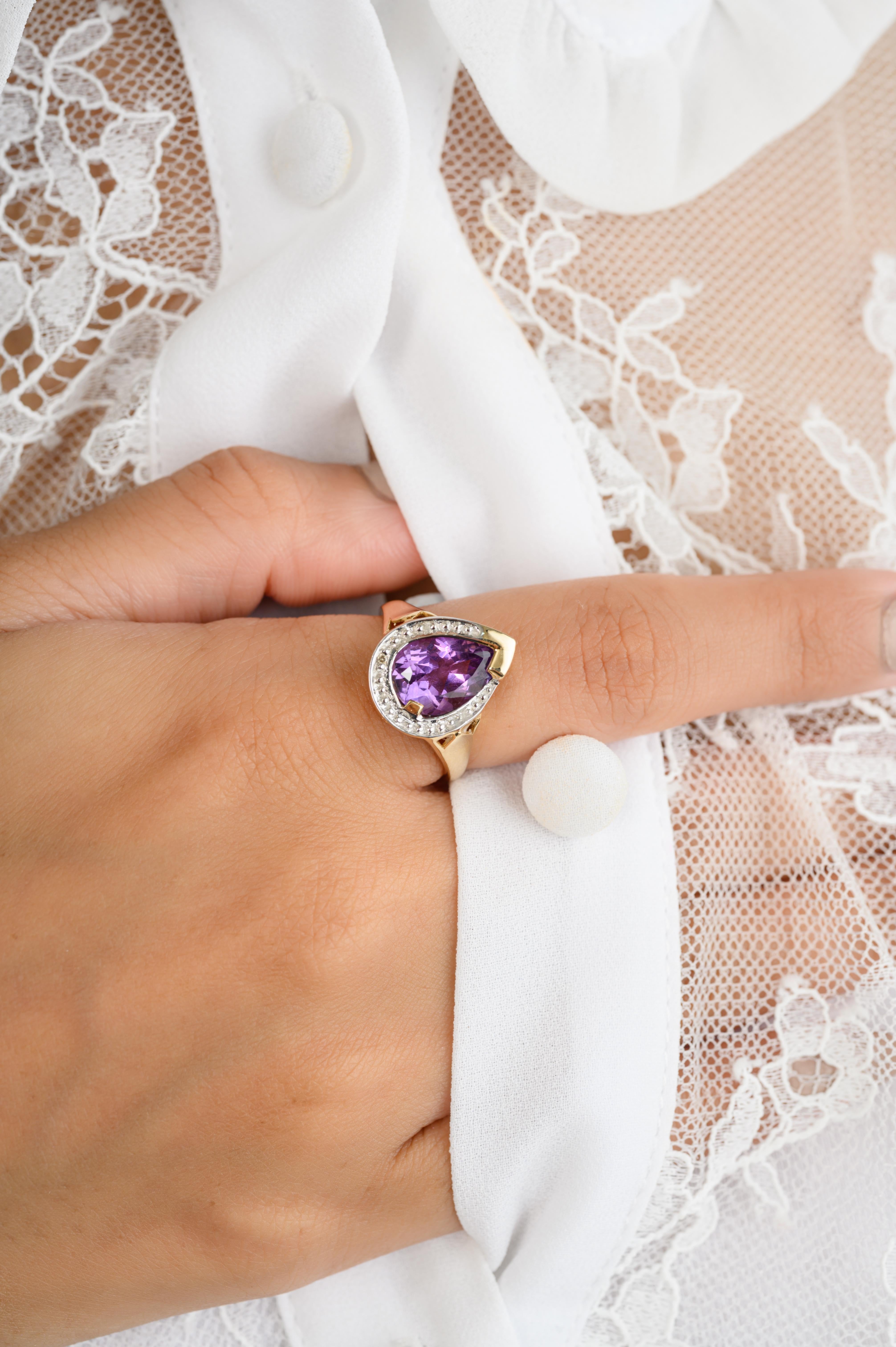 For Sale:  Pear Cut Amethyst Birthstone Cocktail Diamond Halo Ring in 14k Solid Yellow Gold 6