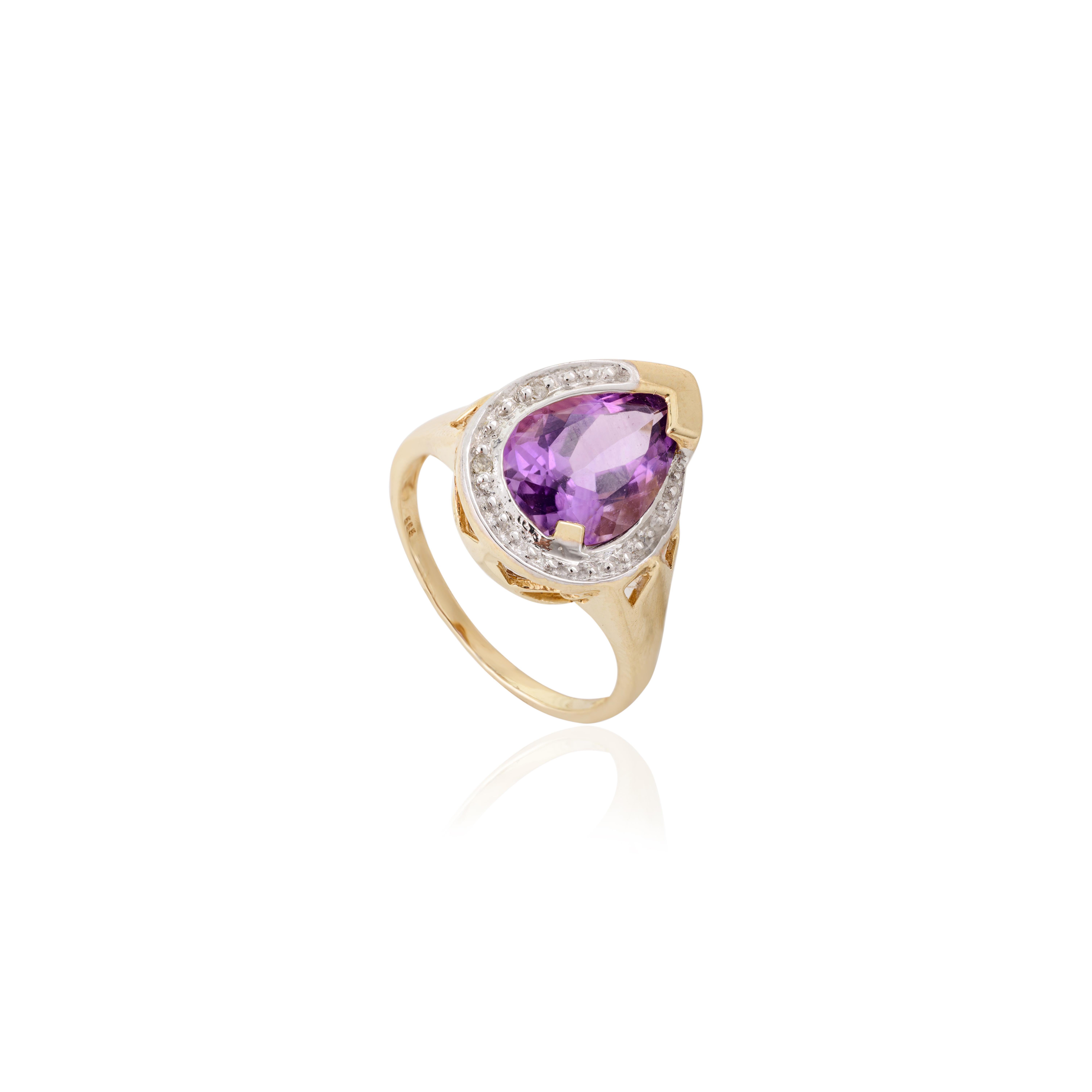 For Sale:  Pear Cut Amethyst Birthstone Cocktail Diamond Halo Ring in 14k Solid Yellow Gold 7
