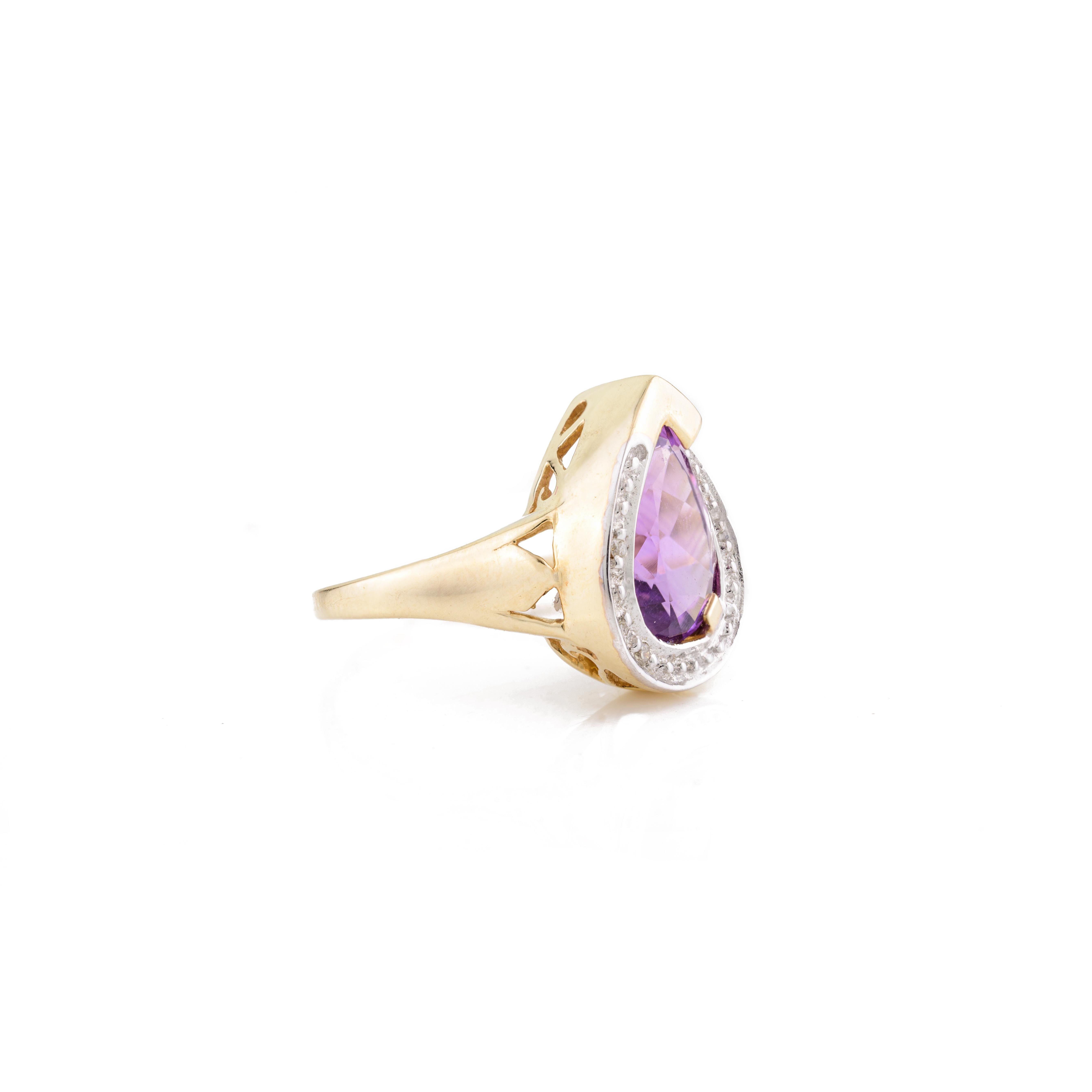 For Sale:  Pear Cut Amethyst Birthstone Cocktail Diamond Halo Ring in 14k Solid Yellow Gold 8