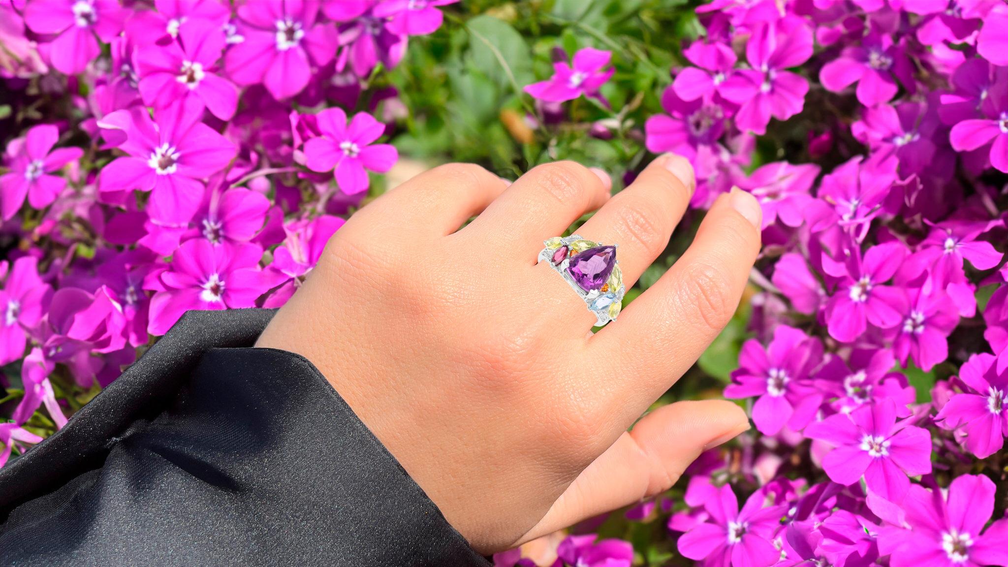 Pear Cut Amethyst Cocktail Ring Multicolor Gemstones Setting 6.30 Carats In Excellent Condition For Sale In Laguna Niguel, CA