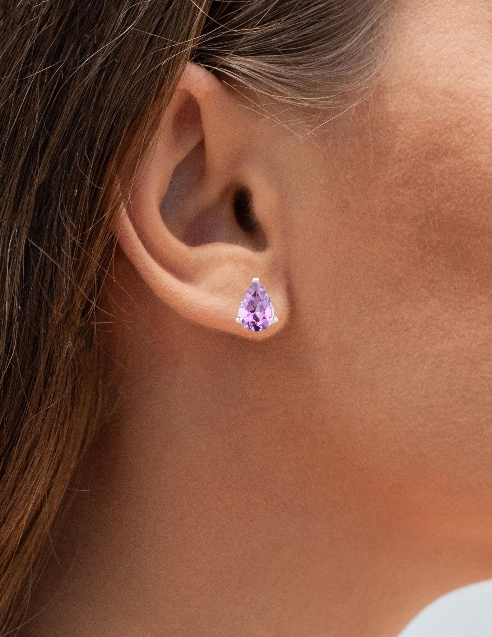 Contemporary Pear Cut Amethyst Stud Earrings 1.25 Carats Rhodium Plated Sterling Silver For Sale