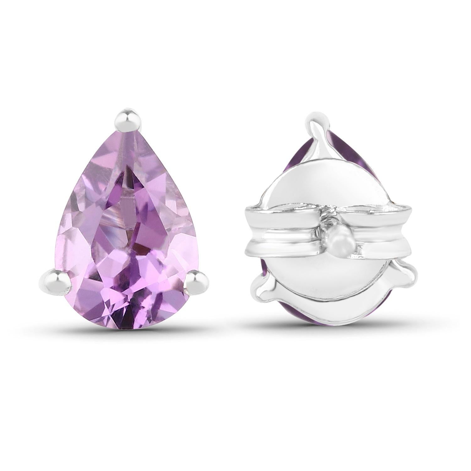 Women's or Men's Pear Cut Amethyst Stud Earrings 1.25 Carats Rhodium Plated Sterling Silver For Sale