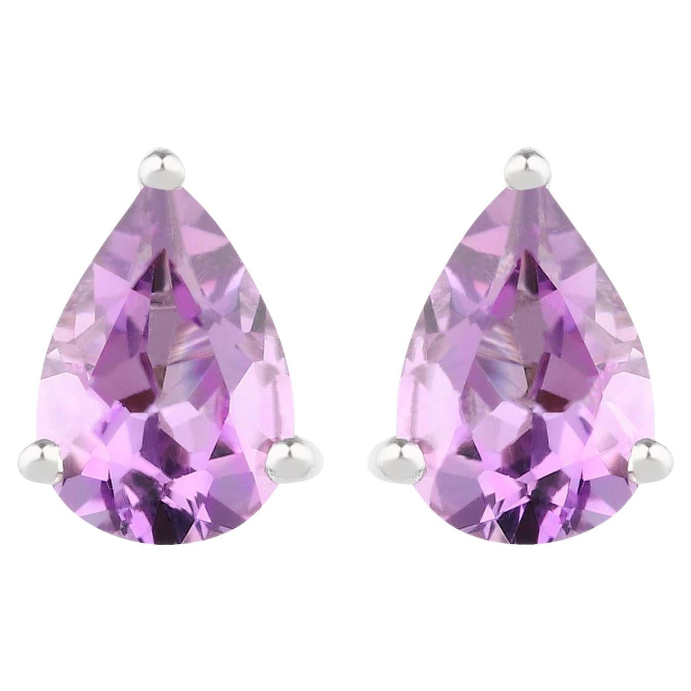 Pear Cut Amethyst Stud Earrings 1.25 Carats Rhodium Plated Sterling Silver For Sale