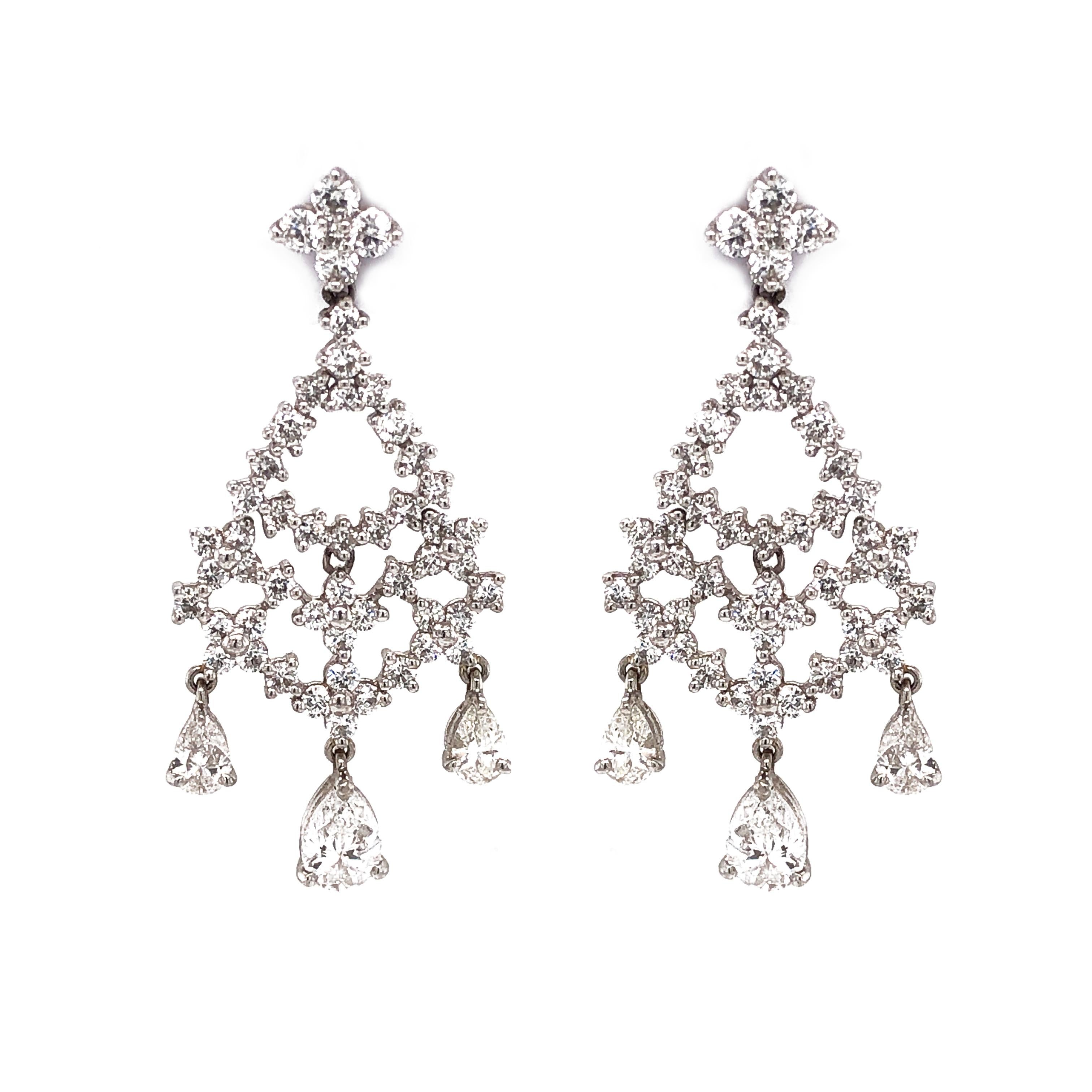 Pear Cut and Round Diamonds 5.32 Carat Platinum Earrings In New Condition For Sale In New York, NY