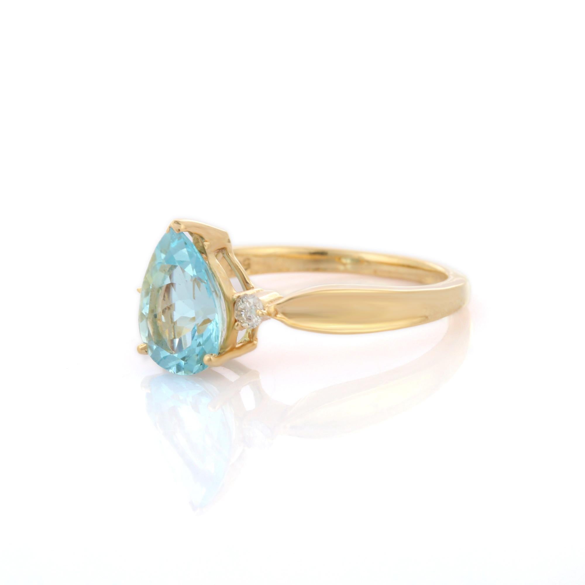 For Sale:  Pear Cut Aquamarine and Diamond Three Stone Engagement Ring in 14K Yellow Gold  3
