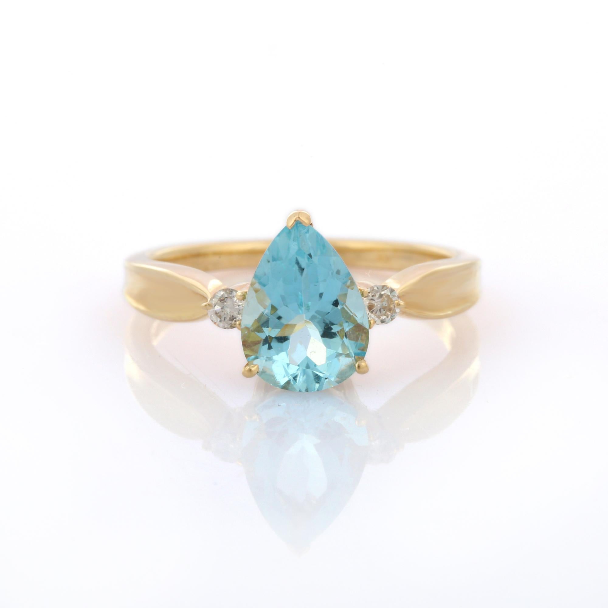 En vente :  Bague de fiançailles à trois pierres, aigue-marine taille poire et diamant, en or jaune 14K  9
