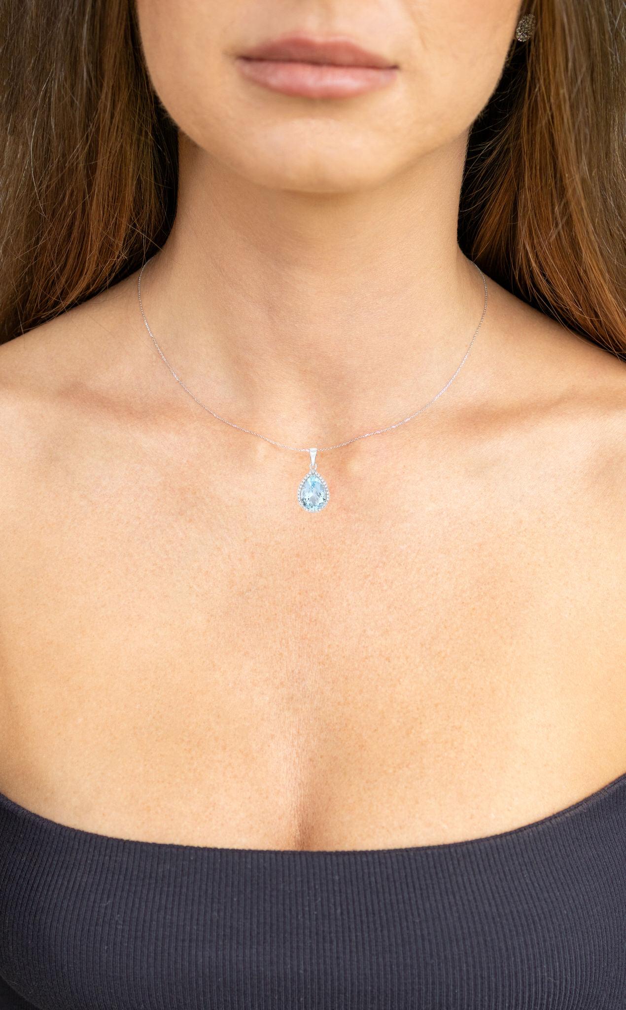 Contemporary Pear Cut Aquamarine Pendant Necklace Diamond Halo 3.15 Carats 10K White Gold For Sale