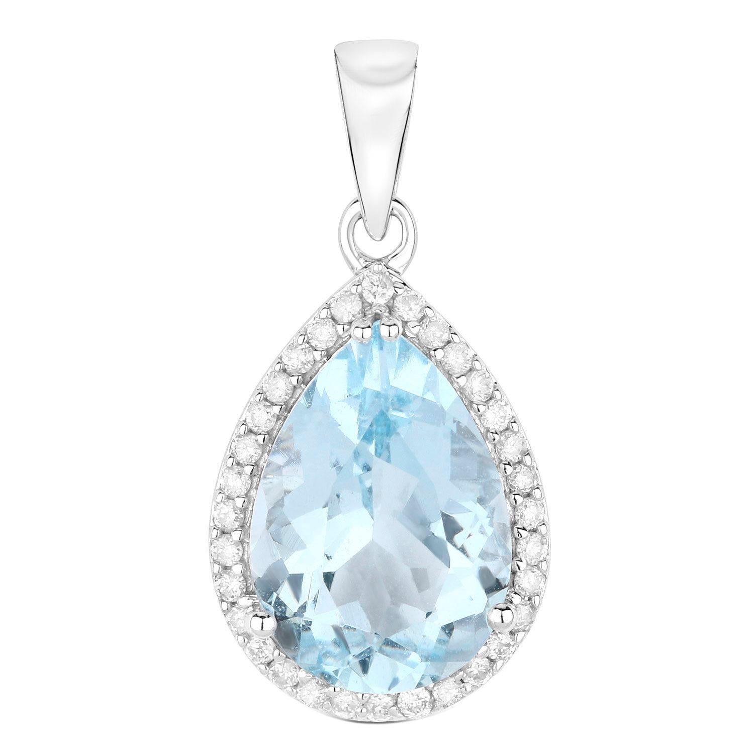 Pear Cut Aquamarine Pendant Necklace Diamond Halo 3.15 Carats 10K White Gold In Excellent Condition For Sale In Aliso Viejo, CA