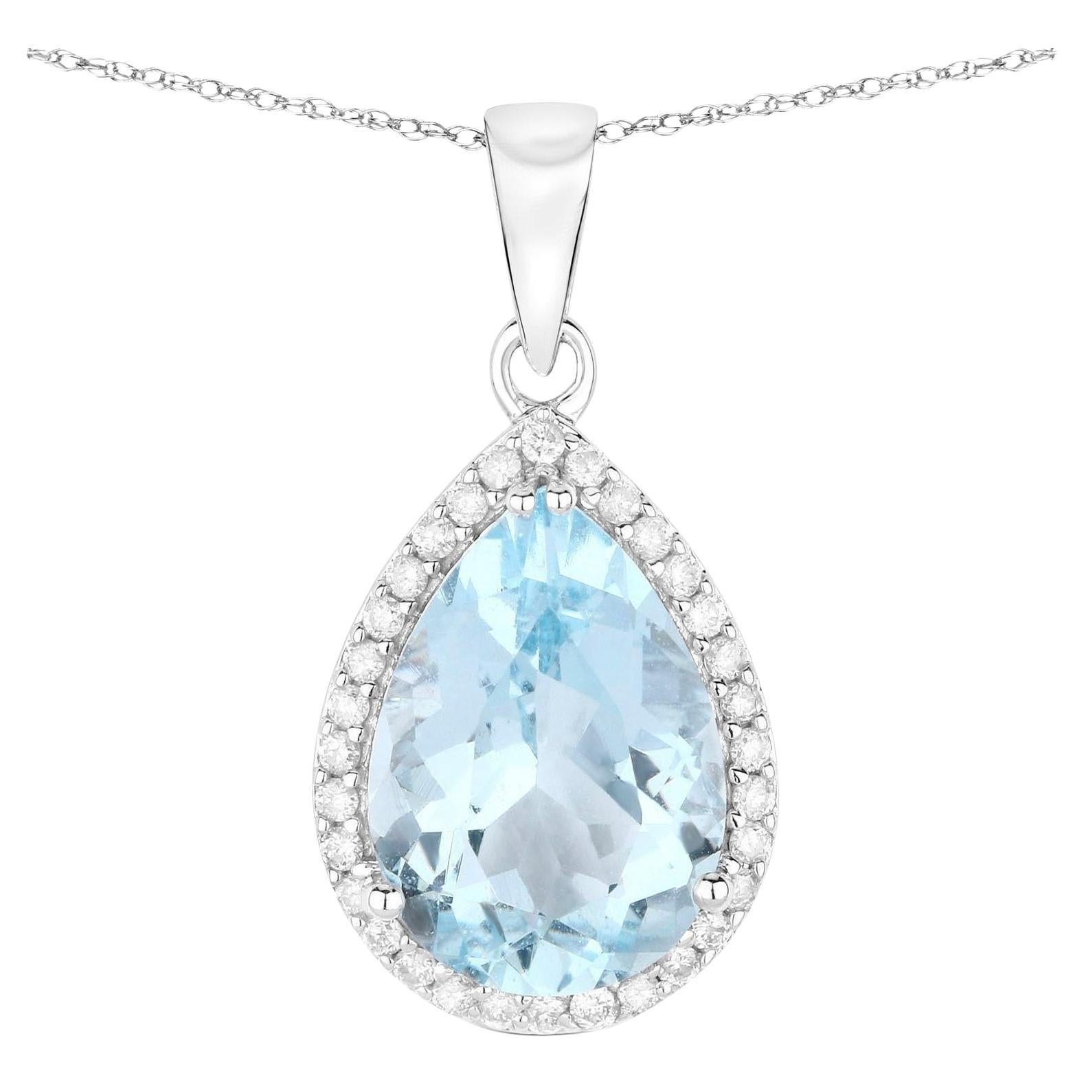 Pear Cut Aquamarine Pendant Necklace Diamond Halo 3.15 Carats 10K White Gold For Sale