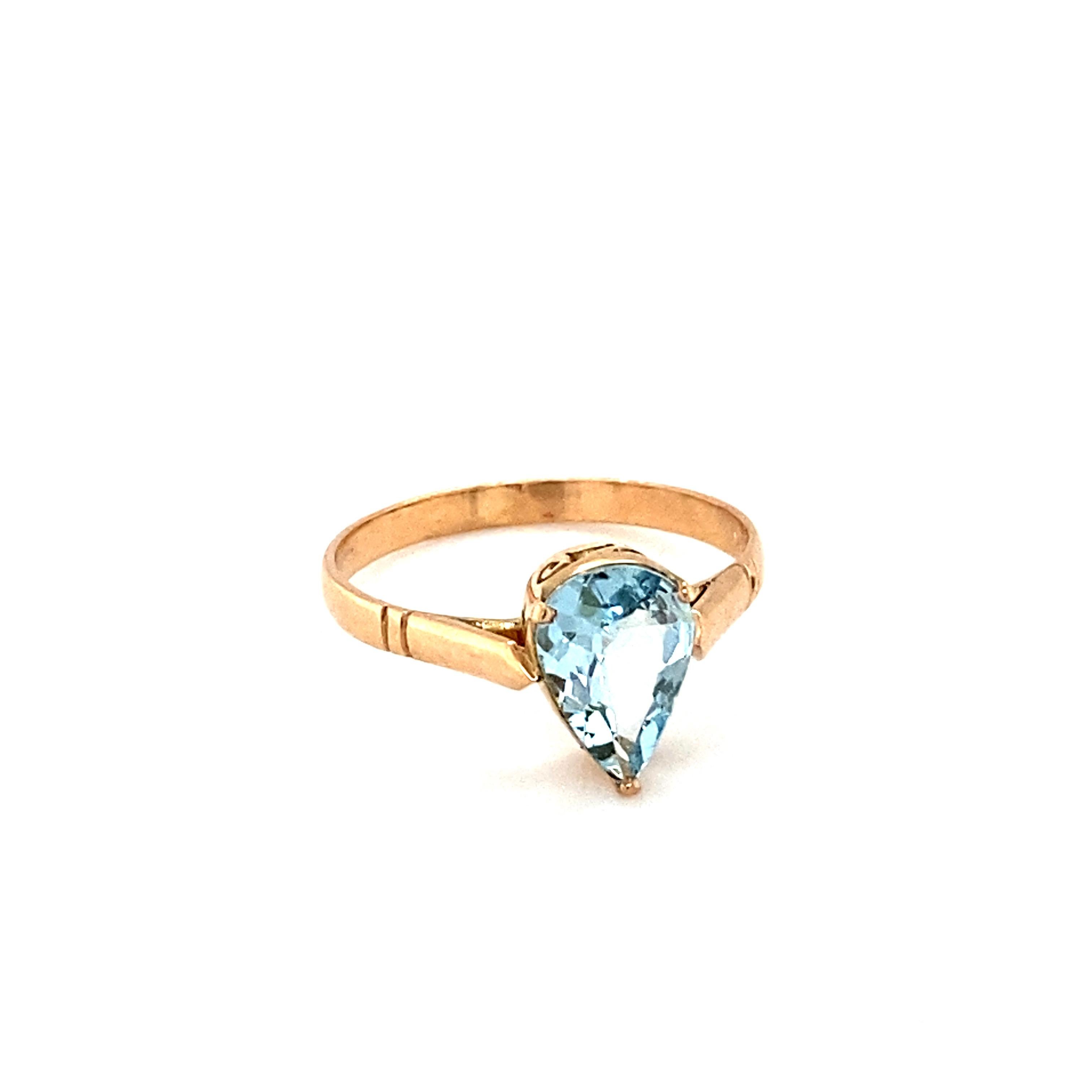 Artisan Pear Cut Aquamarine Yellow Gold Solitaire Ring For Sale