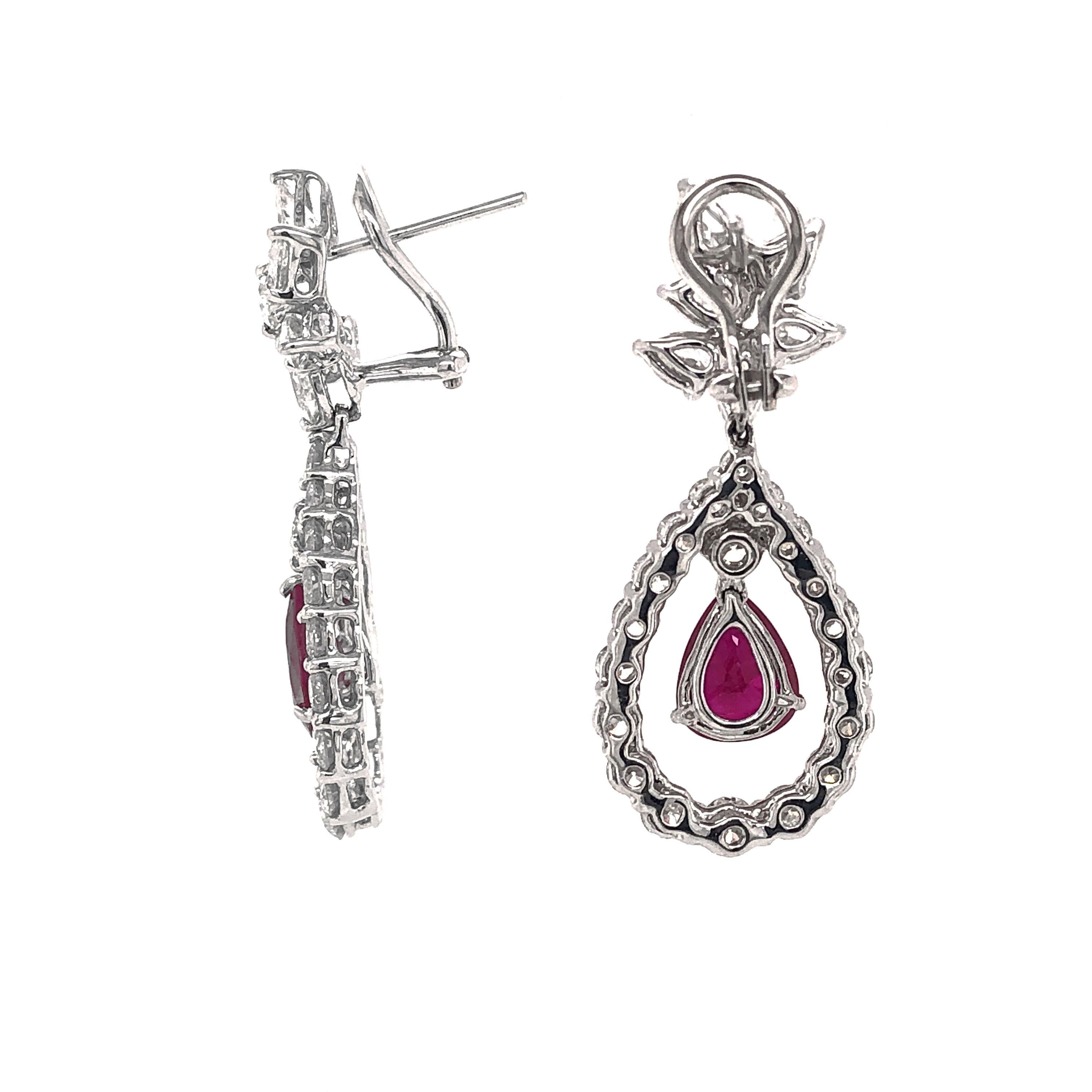 Contemporary Burmese Pear Cut Ruby 5.94 Carat Diamonds Platinum Earrings For Sale
