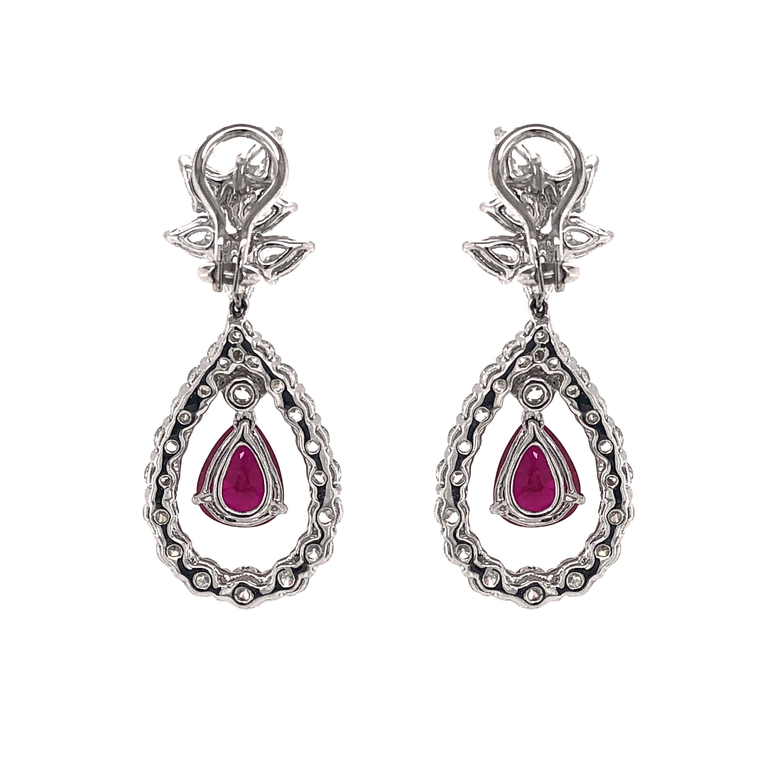 Burmese Pear Cut Ruby 5.94 Carat Diamonds Platinum Earrings In New Condition For Sale In New York, NY